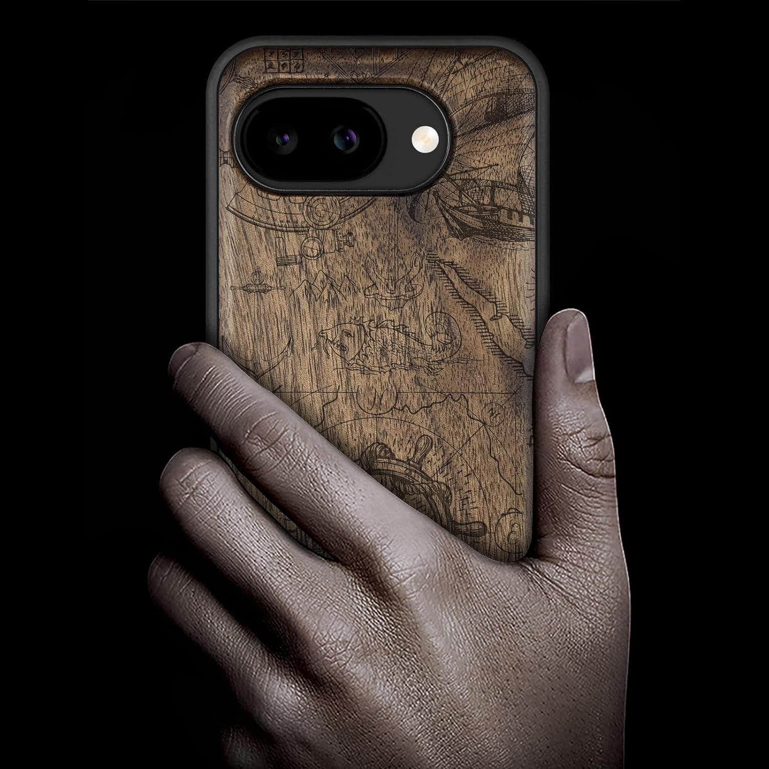 Carveit Magnetic Wooden Case for Google Pixel 10a Case, Wood Artisan Engraved & Soft TPU Shockproof Cover, Compatible with MagSafe Wireless Chargers (Vintage Wooden Wheel) Walnut