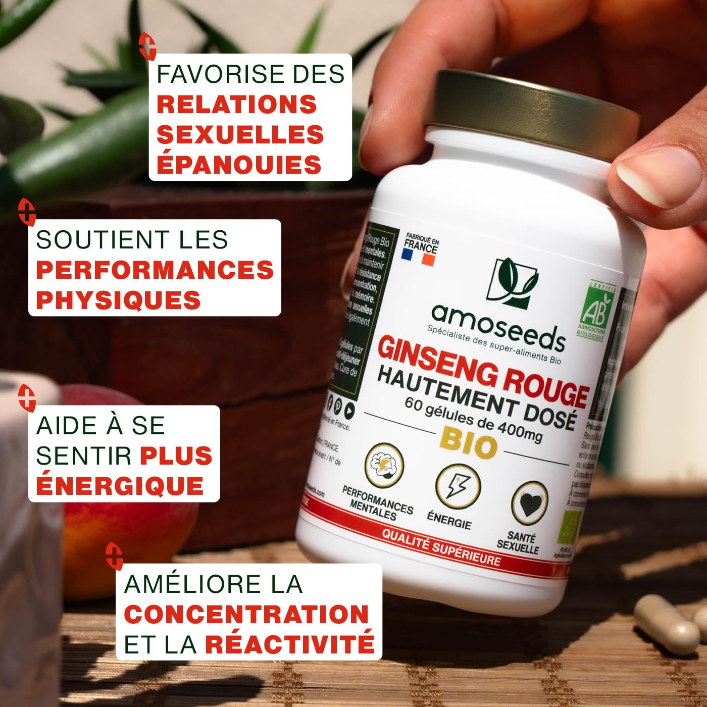 Panax Ginseng Rouge BIO de Corée | Extrait haute concentration | Énergie, Vigueur, Anti-stress, Concentration | 60 gélules de 400mg | Qualité Supérieure