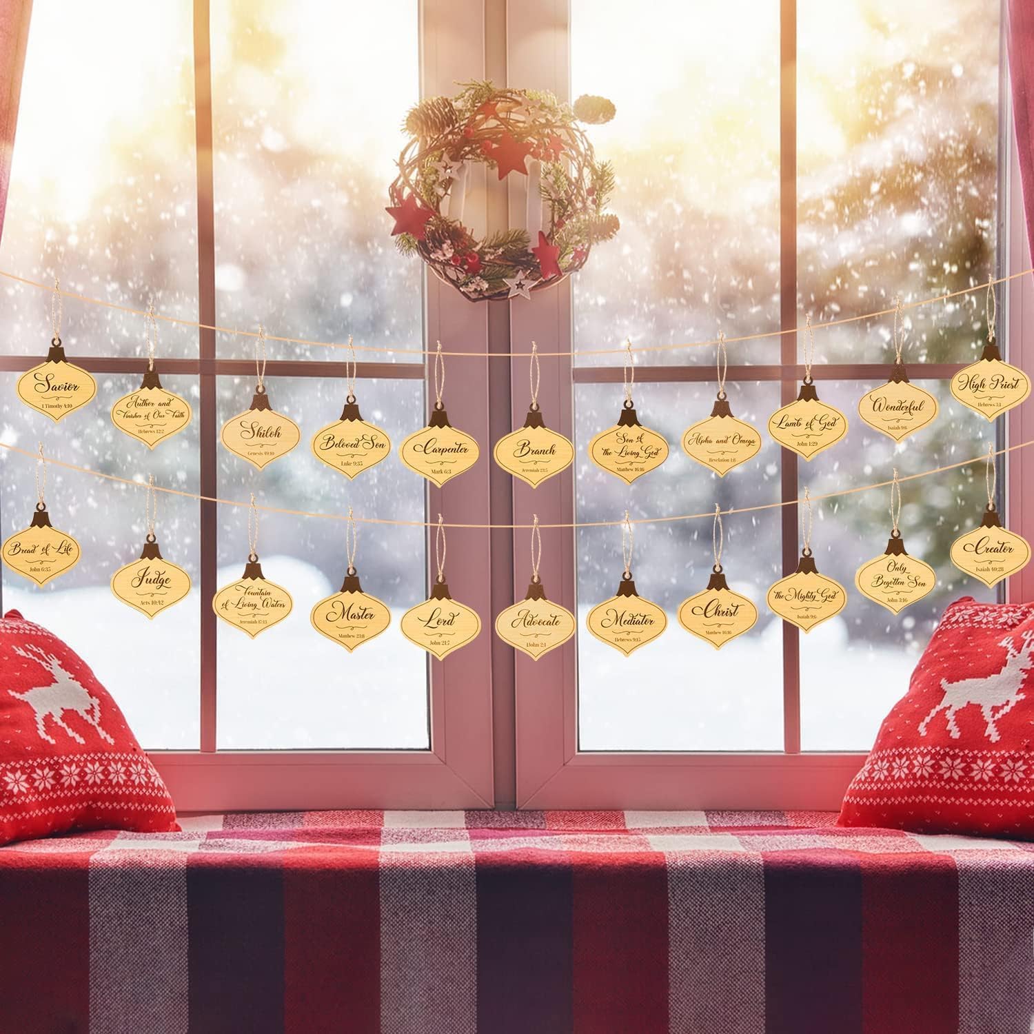 Haooryx Christmas Jesus Hanging Ornaments - 40Pcs Jesus Name Wooden Ornaments with Twines, Savior Name Wooden Decorations Set for Christmas Trees Religious Party Supplies Church Events Sunday School - Image 5