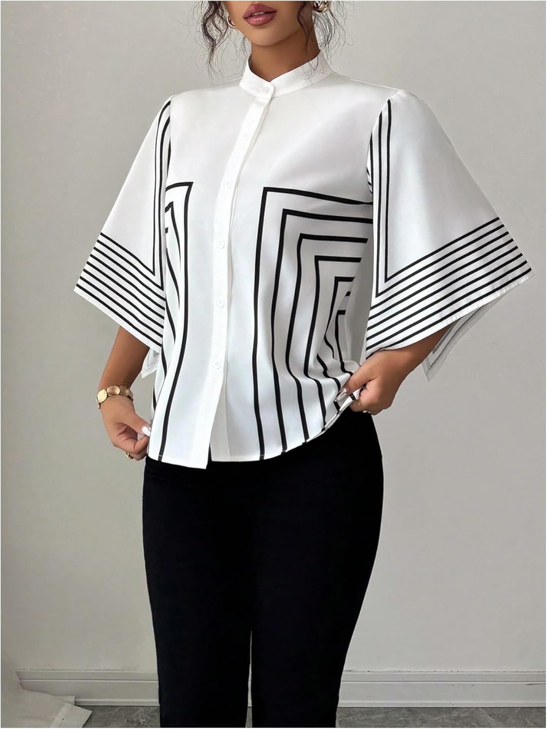 GORGLITTER Women's Dressy Work Blouse Button Up Striped Print Split Half Sleeve Business Corporate Outfits 2025 - Image 5