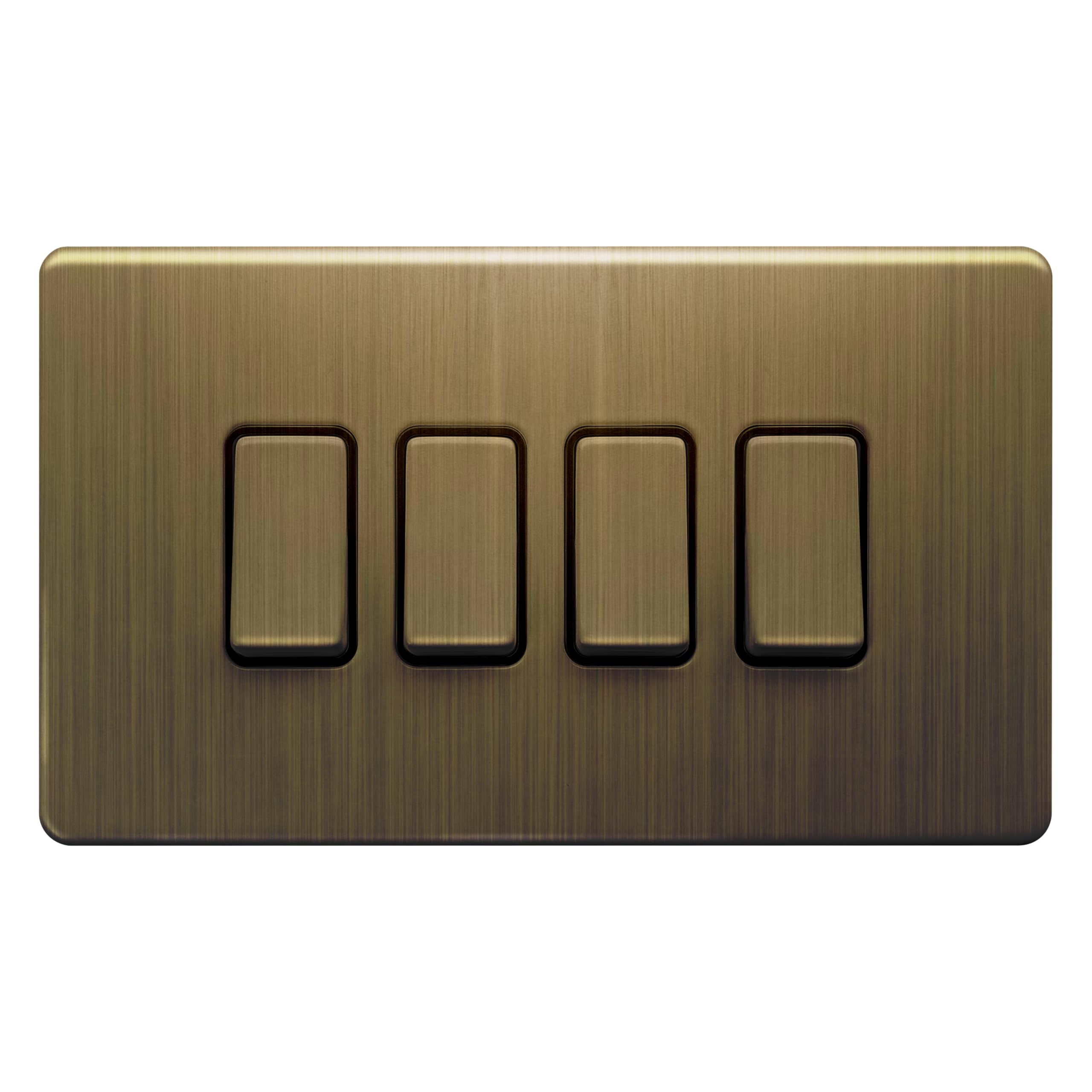 Evoges Terra 2 Way Light Switch, 10AX, Antique Brushed Brass – Decorative Metal Plate (4 Gang)