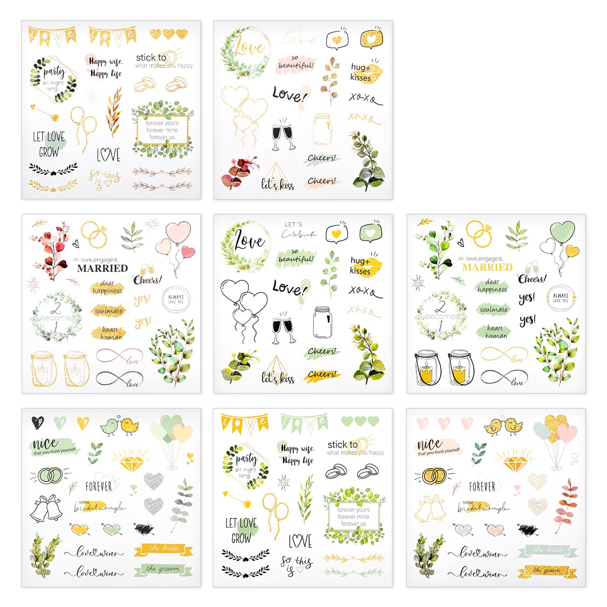 Lotsdonxia Green, Pink 8-Sheet Wedding Stickers Set - Bridal Scrapbook Embellishments, Waterproof & Self-Adhesive For Invitations, Journals (Green, Pink)