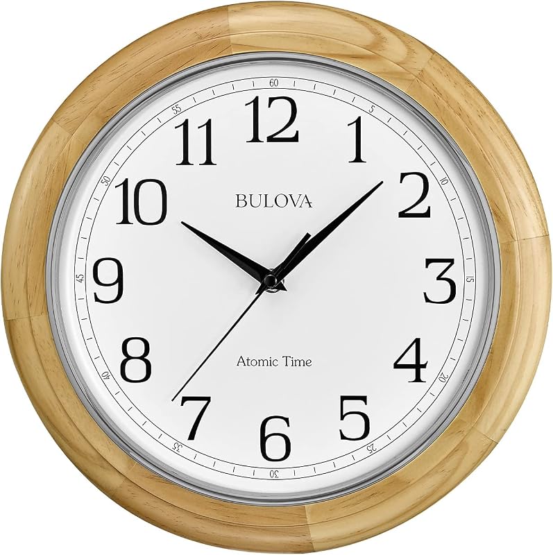 C5005 Reloj de pared analógico atómico de madera | Establece automáticamente la hora | Números romanos grandes | Funciona con pilas | Diseño Tradicional