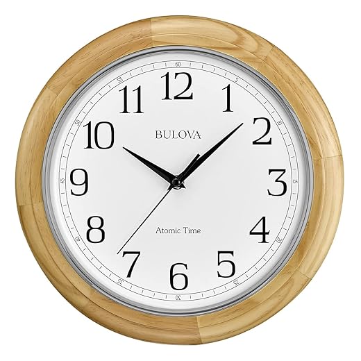 Bulova C5005 Wooden Atomic Analog Wall Clock | Automatically Sets Time | Large Roman Numerals |
