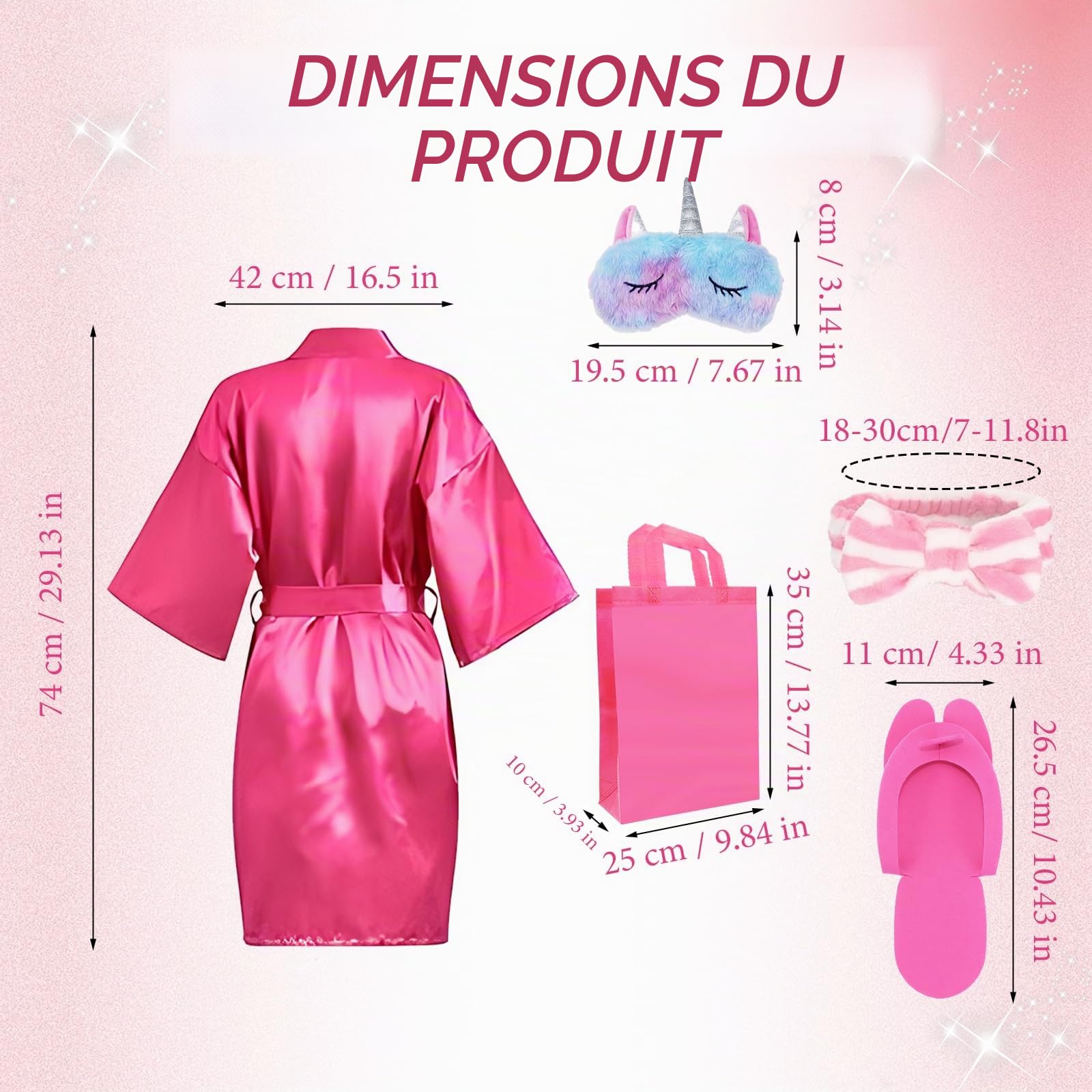 MSYU Lot de 30 fournitures de fête spa pour filles, 6 peignoirs en satin, 6 pantoufles pour enfants, soirée pyjama, fête d'anniversaire, spa – Étiquette de taille 8, rose rouge, rose
