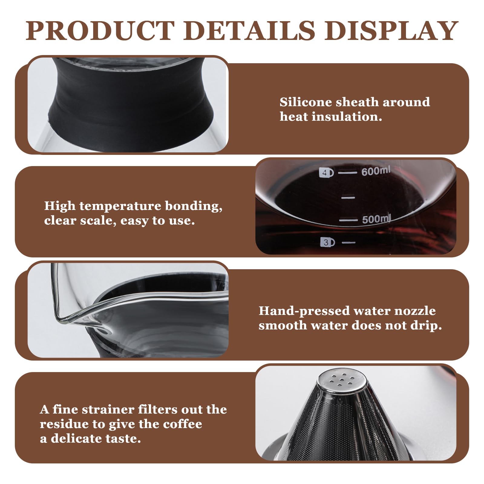 Pour Over Kaffeebereiter, 600ml Kaffeebrüher für Filterkaffee, Hand Kaffee Edelstahl Handfilter Aus Glas Mit Permanentfilter, Manueller Drip Kaffeebereiter, Für Zuhause, Café, Restaurant, Camping
