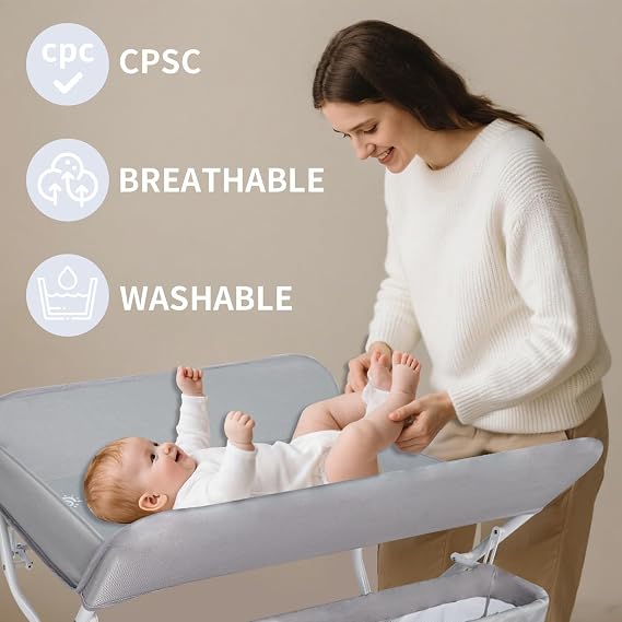 Gentle Monster Baby Folding Portable Changing Table, 4-Level Adjustable Height Diaper Changing Station Table for Nursery with Safety Belt, Double Storage Bag, Headrests & Diaper Pad