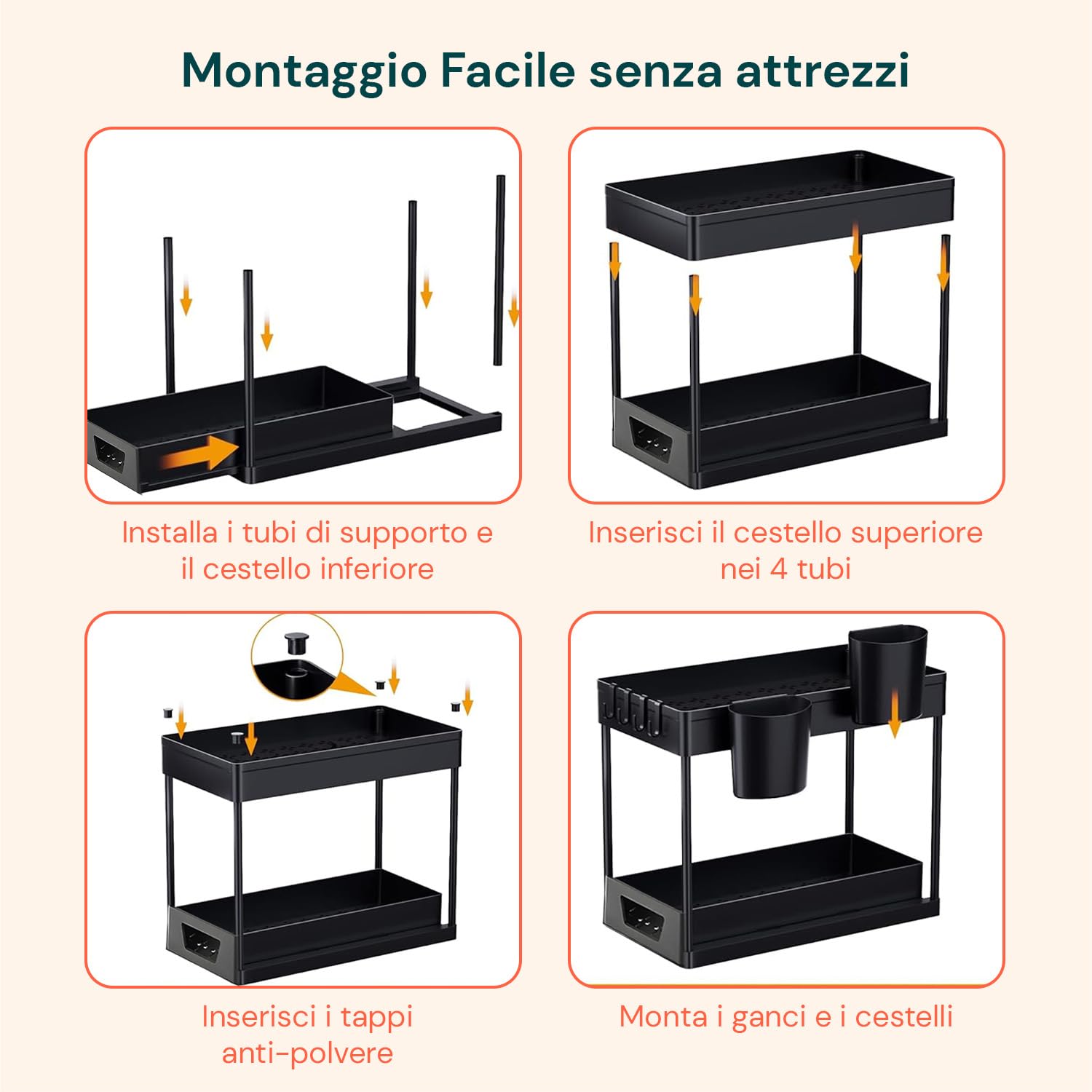 Avilia - Organizer Sottolavello Cucina a 2 Ripiani con Cestelli e Ganci per Ottimizzare Spazio in Bagno e Cucina, Facile da Montare, Ideale per Detergenti e Accessori di Uso Quotidiano