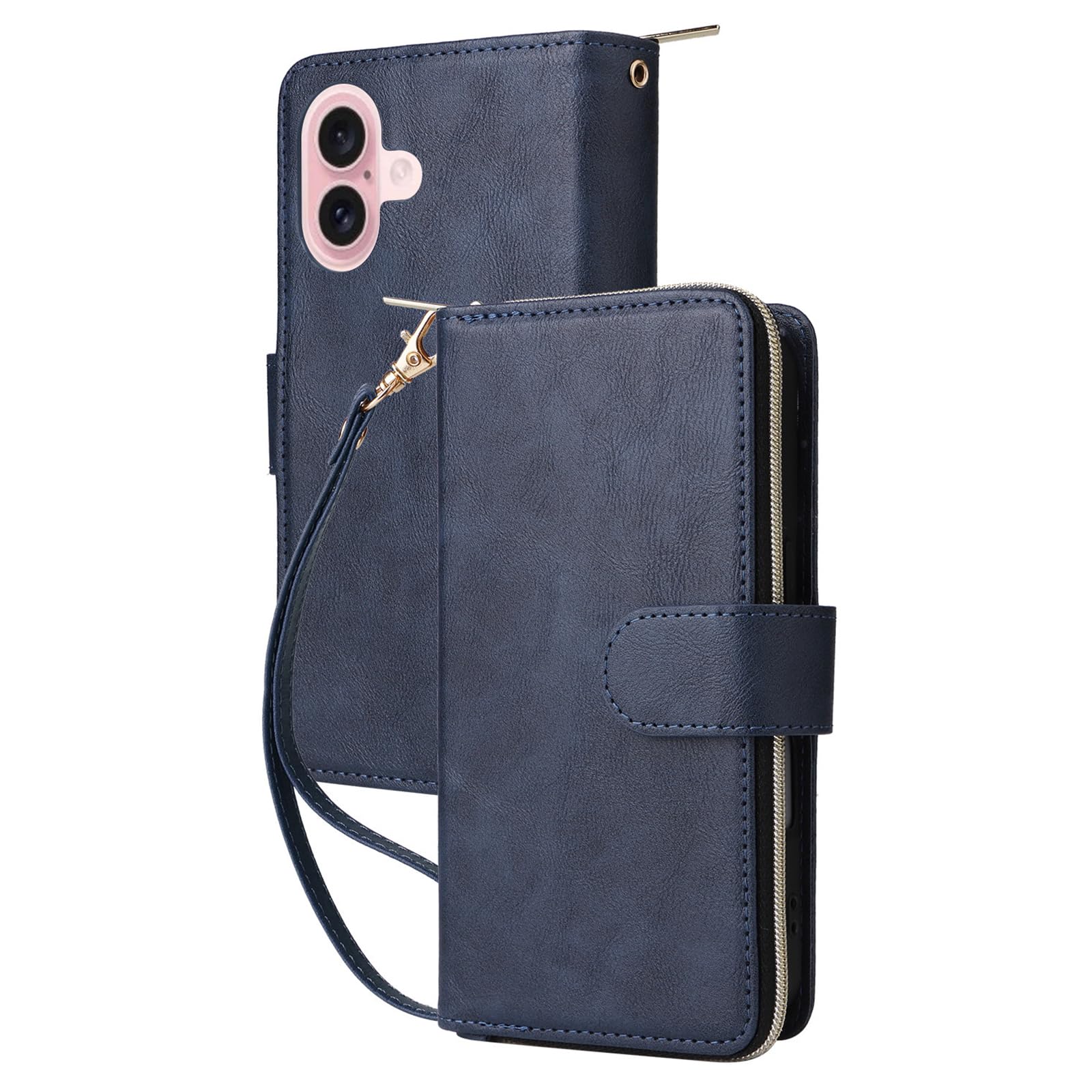 Leder Hülle Für iPhone 16 Pro Max/16 Pro/16 Plus/16, Klappbar Flip Brieftasche Schutzhülle Mit Handschlaufe Ganzkörperschutz,Blau,16 Plus