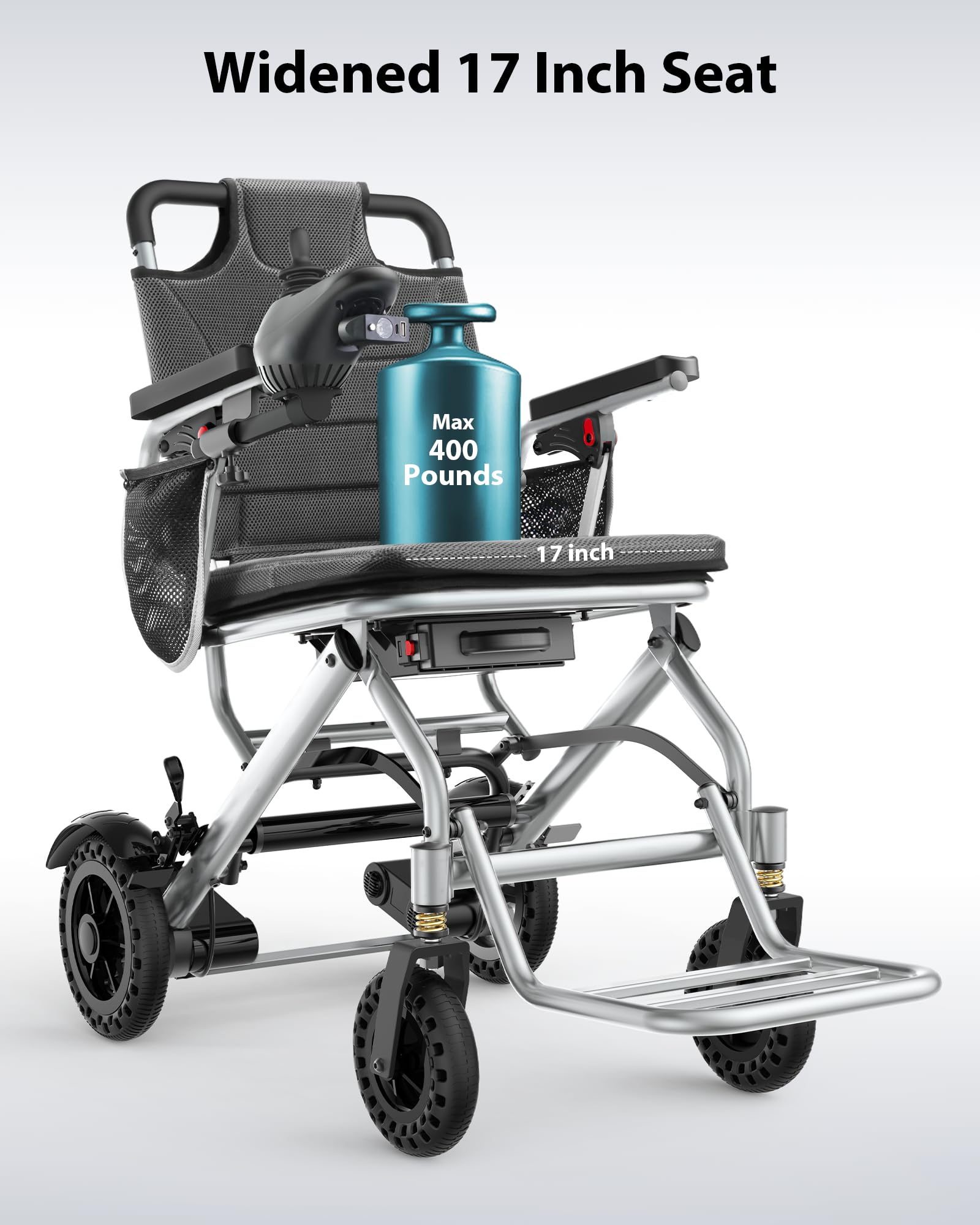 Silla de ruedas eléctrica plegable ligera (15 kg) – Silla de ruedas eléctrica para personas mayores, alcance hasta 24 km, homologada para viajes en avión, motor doble de 360 W, silla de