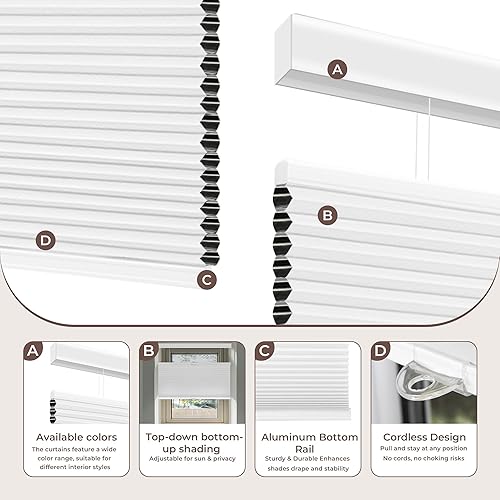 Miniatura 6 de Allesin Persianas celulares opacas de arriba hacia abajo, reducción de ruido, sin cordón, para oscurecer la habitación, persianas opacas (blanco, 36