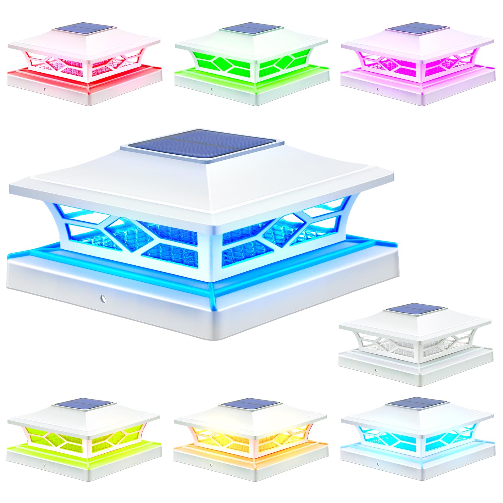 APONUO Solar Post Cap Lights Halloween Decor Outdoor Lights,RGB Color Changing 2+6 Color Modes Fixed Colors 4x4 Post Solar Lights for Fence Deck Post Caps 4x4 6x6 Wood&4X4 Vinyl,White,8 Pack