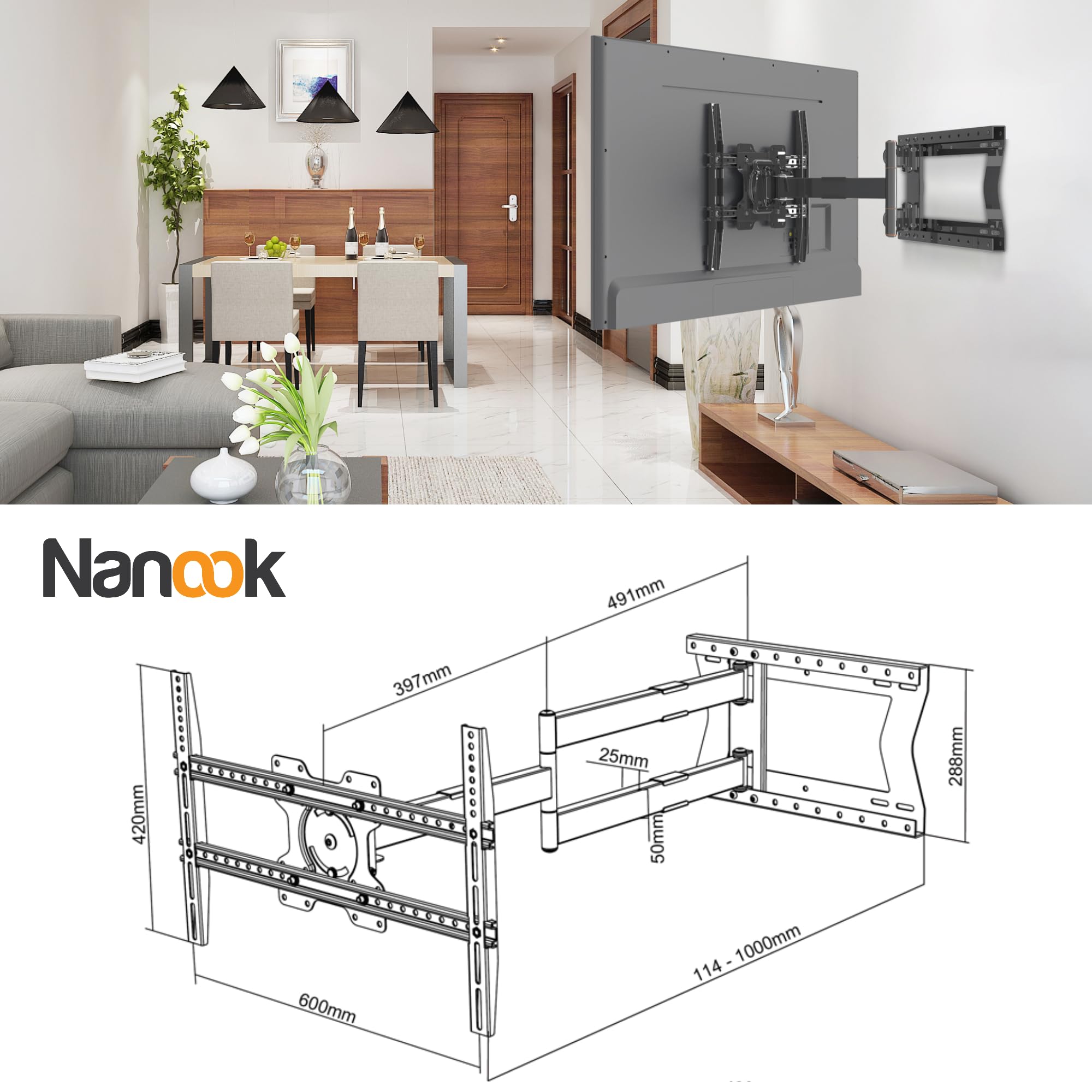 Nanook Long 2100 Langarm TV-Wandhalterung 42-75 Zoll, 100 cm Auszug, 60 kg | Extrem Robuste Konstruktion, Extra-Lange Arme Für Maximalen Schwenkbereich (180°) Und Große Reichweite, Max. VESA 600x400