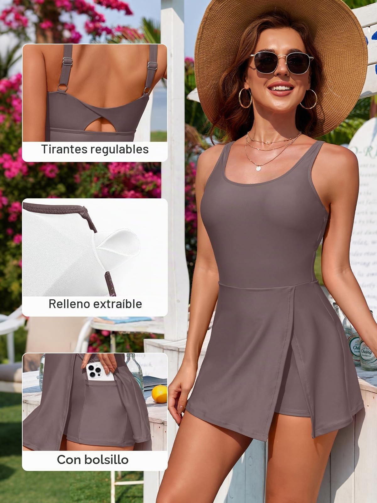 SHEKINI Bañador Mujer con Bolsillo Control de Abdomen Traje de Baño con Falda Mujer Diseño Dividido