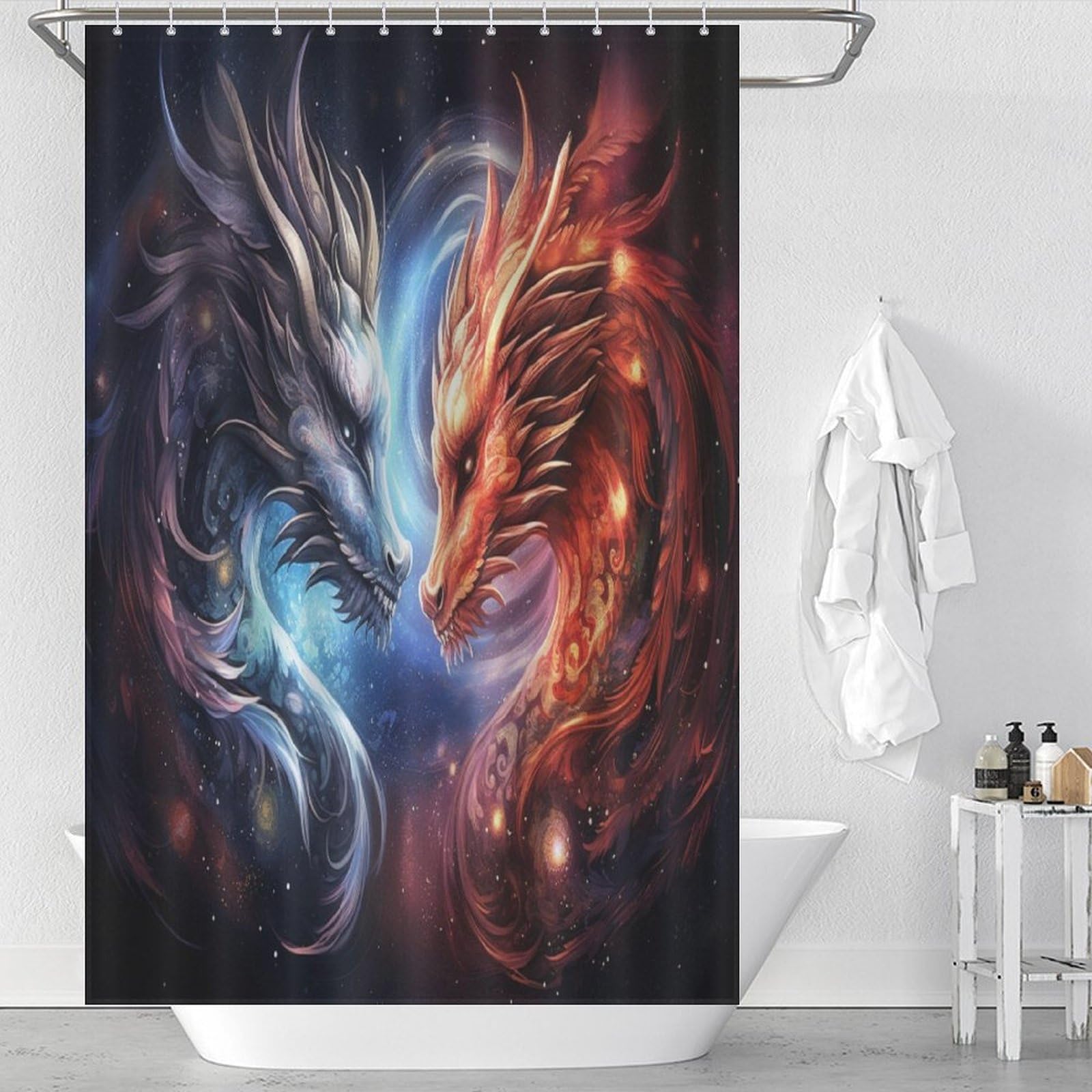 Rideau de douche dragon anti-éclaboussures en tissu polyester lavable avec crochets inclus