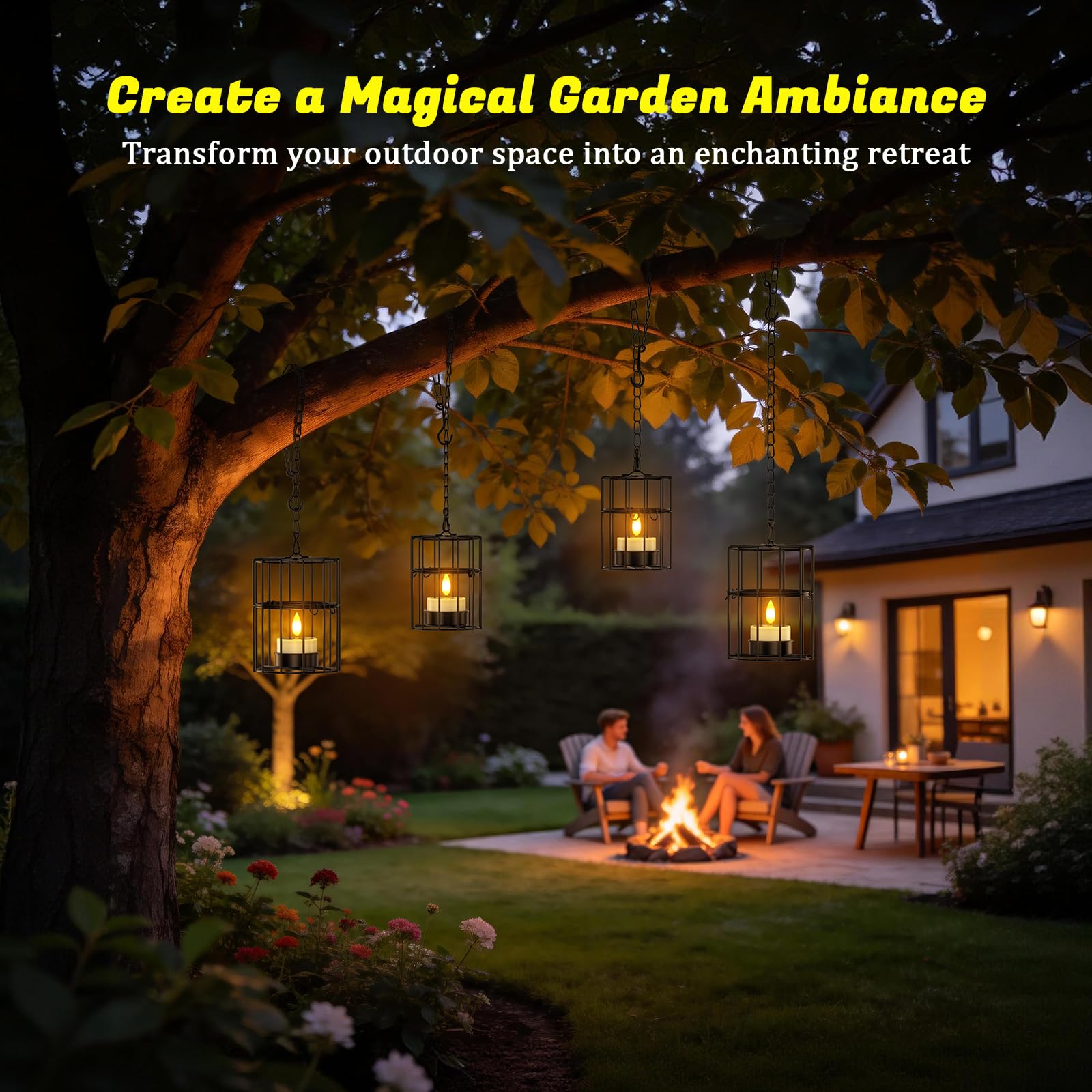 PChero Set di 4 lanterne solari sospese per esterni, impermeabili, 2 grandi, 2 piccole lanterne rustiche in metallo con tremolante, candele solari per esterni, giardino, terrazza, balcone, decorazione