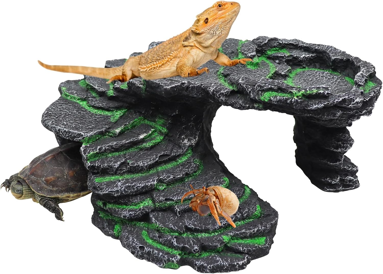 Large Bearded Dragon Hideout, Resin Simulation Stone Reptile Hide Cave, Reptile Basking Platform, Terrarium Habitat Decor for Lizard Spider Aquarium Fish Gecko - 9.5 × 8 × 3.7 Inch