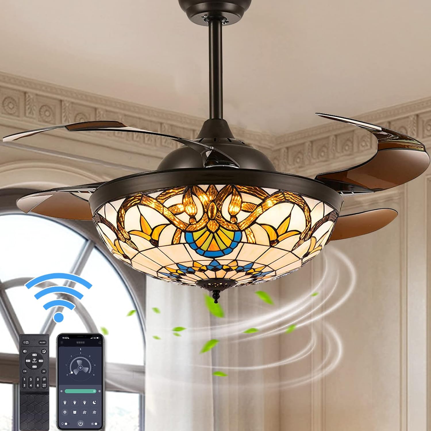 Siljoy Tiffany Retractable Ceiling Fan with Lights Remote & APP Control, 42" Vintage Reversible Stained Ceiling Fan Light, Invisible Silent Fandelier Brightness Adjustable for Bedroom Living Room Brown-42"