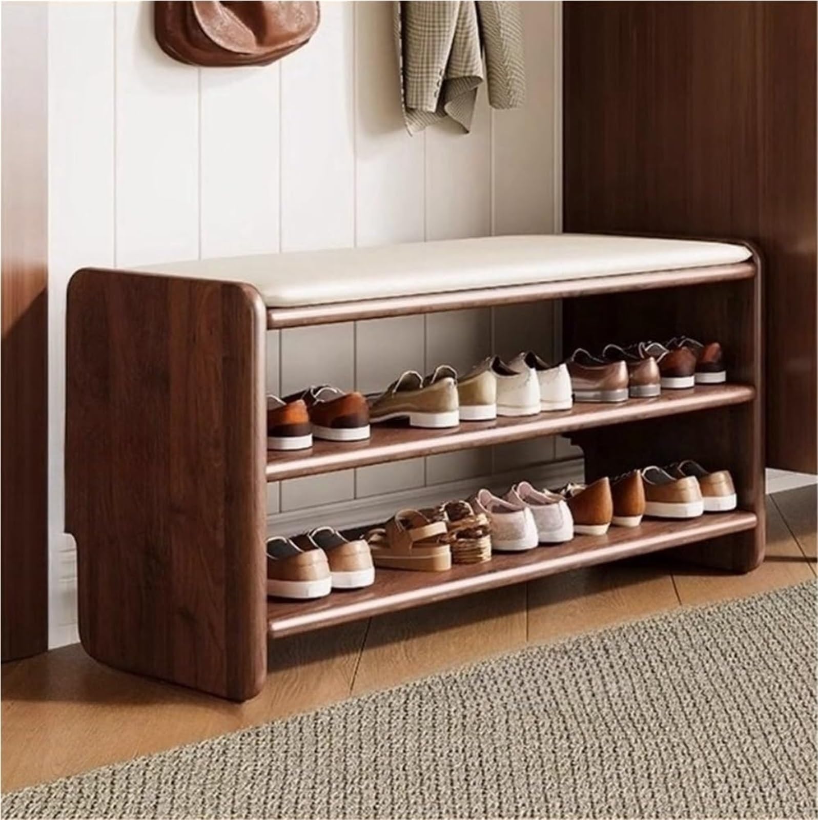 Banc de rangement à chaussures en bois marron de 100 cm avec coussin confortable