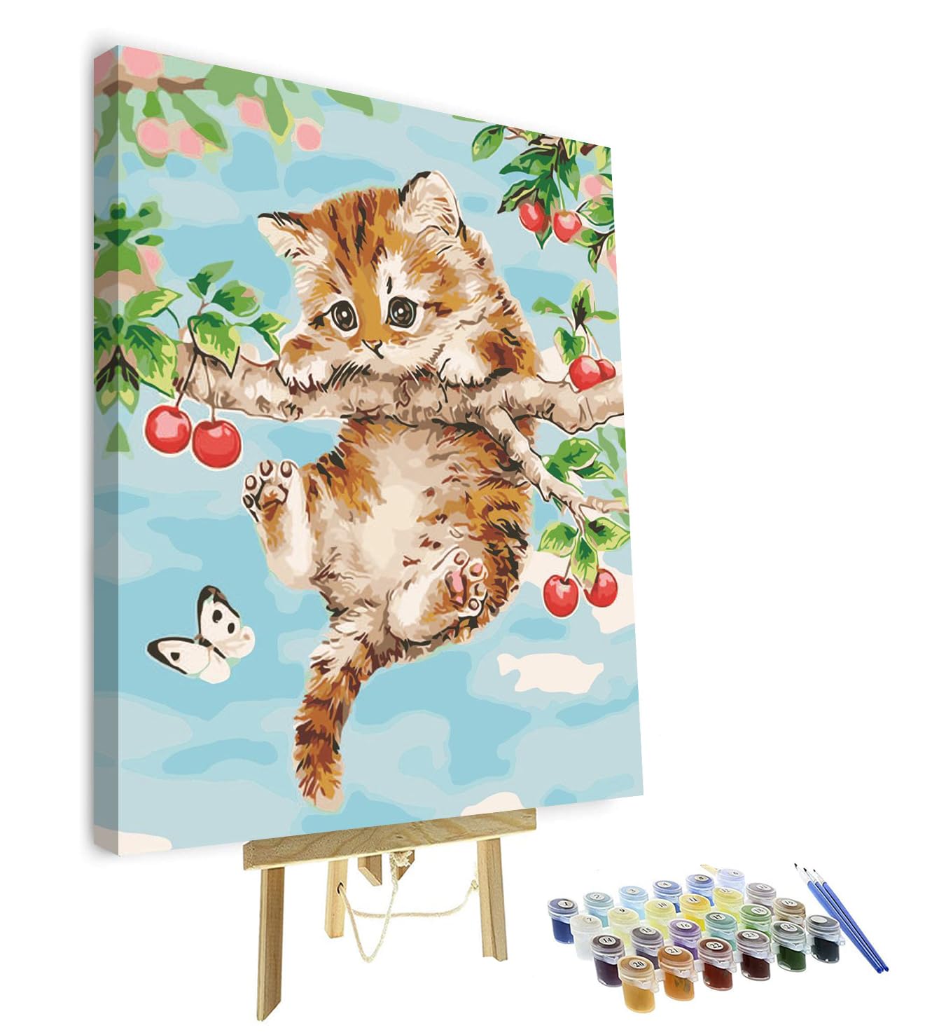 Kirsche und die Katze malen nach Zahlen, Haustiere Katze malen nach Zahlen für Erwachsene Anfänger, Tiere malen nach Zahlen auf Leinwand DIY Erwachsene malen nach Zahlen Kunst 16x20 Inch Den Rahmen