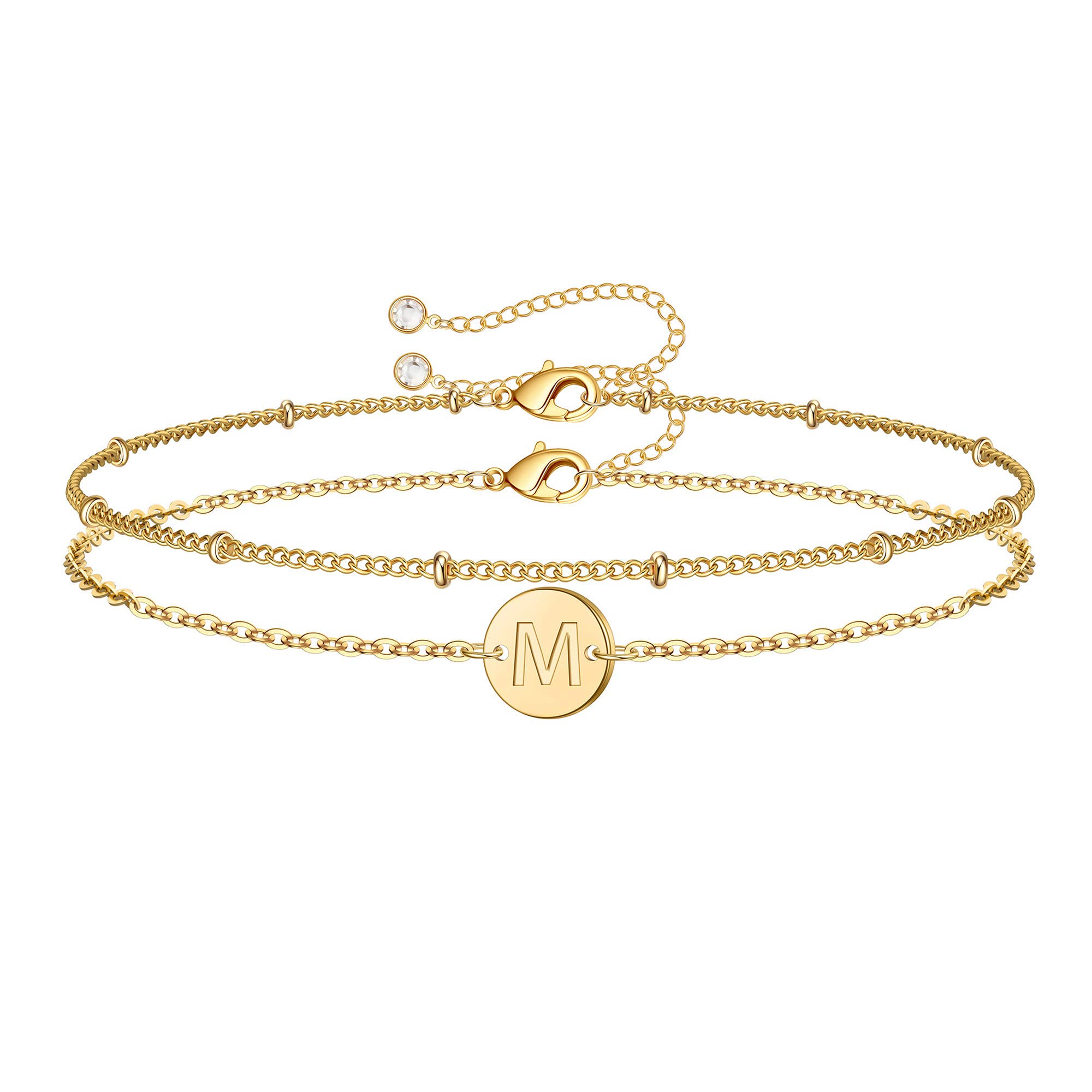 - Gold Initial Bracelets for Women Girls Valentines Day Gifts - Dainty 14K Gold Plated Layered Beaded Letter Initial Bracelet 26 Alphabet Disc Monogram Charm Bracelet Valentines Day Gifts for Her