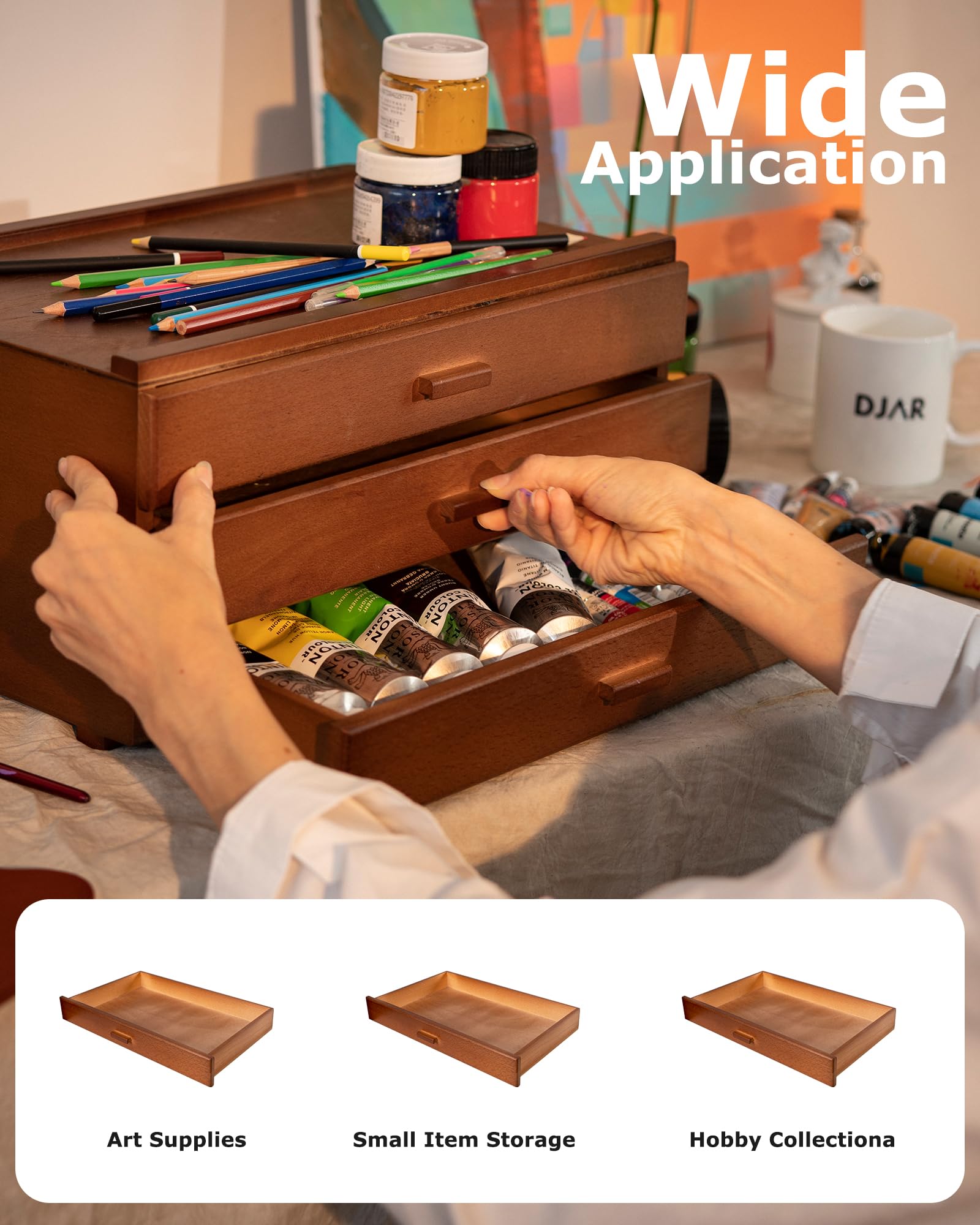 DJAR Boîte de Rangement pour Matériel d'Art 3 Tiroirs, Organisateur en Hêtre Massif pour Pastels, Crayons & Pinceaux, Boîte à Outils Portable pour Artistes, Noyer