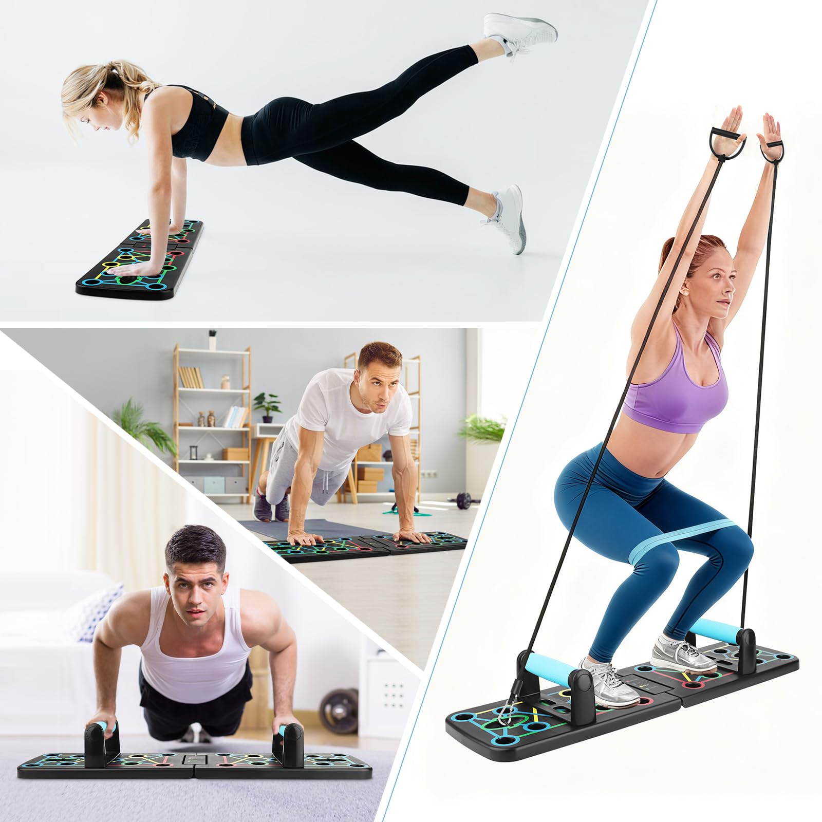 Push Up Rack Board, 17 in 1 Attrezzature per il fitness multifunzione pieghevole a casa, Maniglia per Push Up, con 2 Corde di Trazione, Flessioni Attrezzi per Il Fitness a Casa