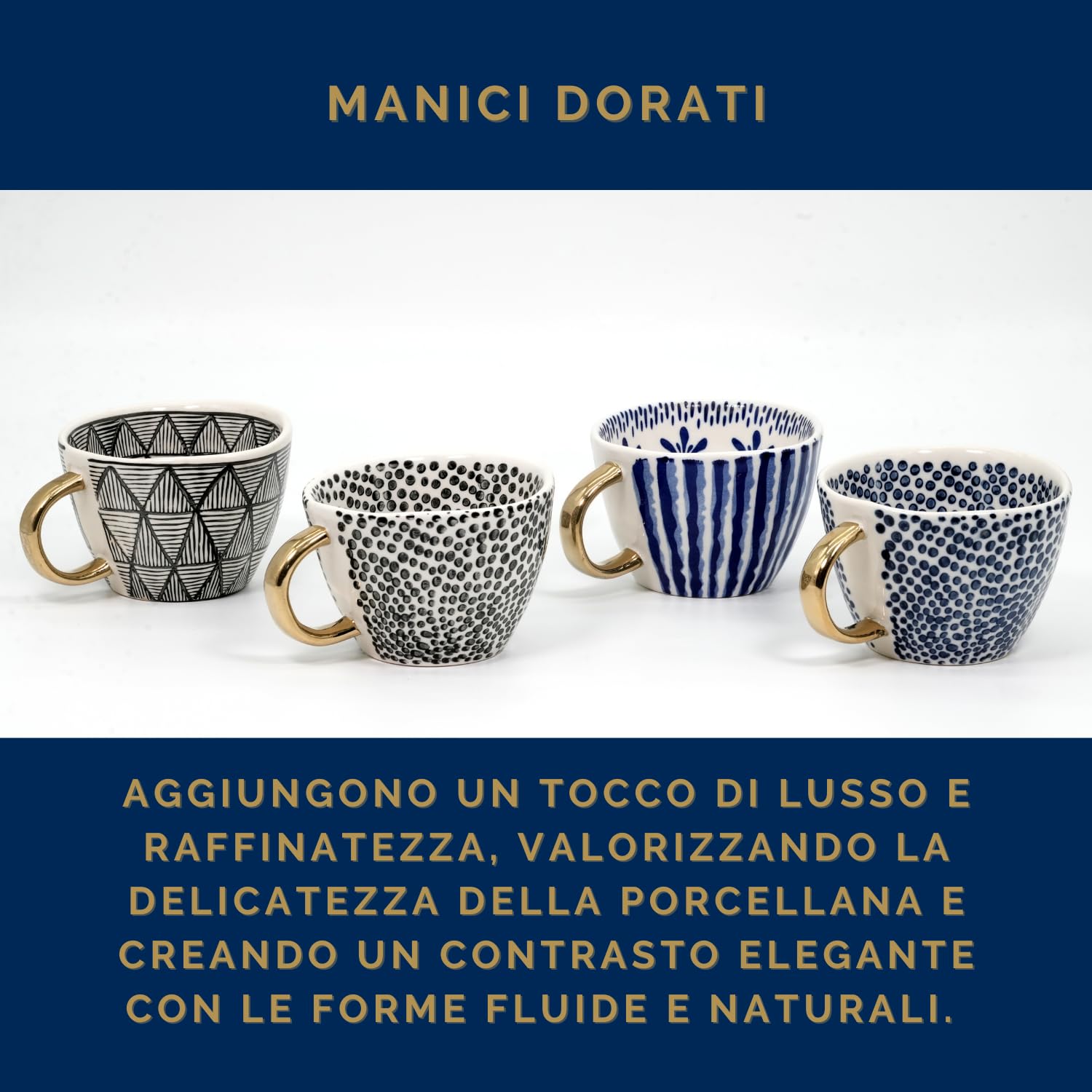 Set 4 Pezzi Tazze Eleganti Idea Regalo da Latte Porcellana 400 ml con Forma Irregolare Dipinte a Mano con Manici Dorati Raffinate Eleganti (Blu e Nero)