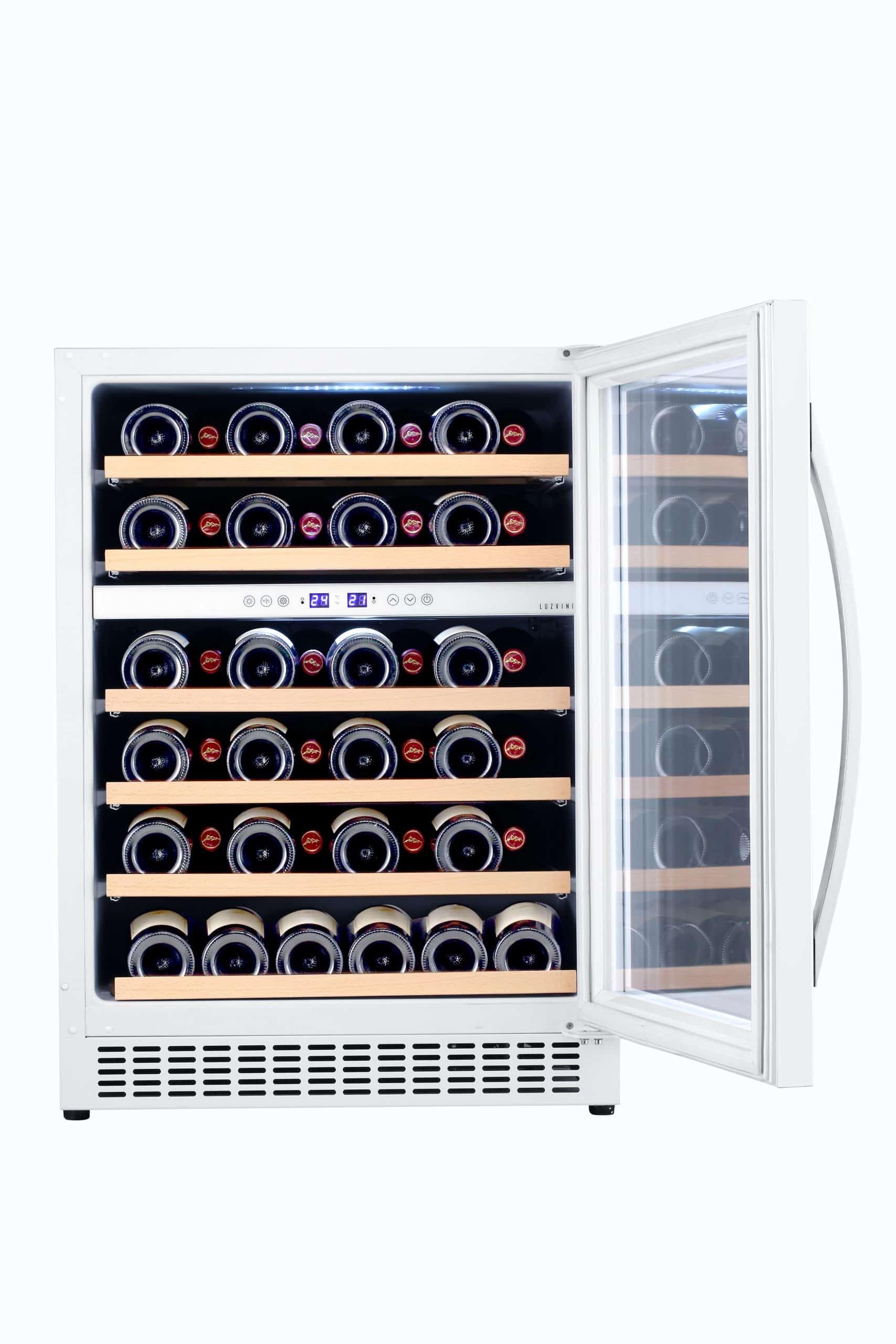 LV45W Weißer Einbau-Weinklimaschrank - Weinkühlschrank mit 2 Zonen - 45 Flaschen, geringer Energieverbrauch 116 kWh, Kompressorkühlung und 6 ausschiebbare Auflageflächen aus Buchenholz