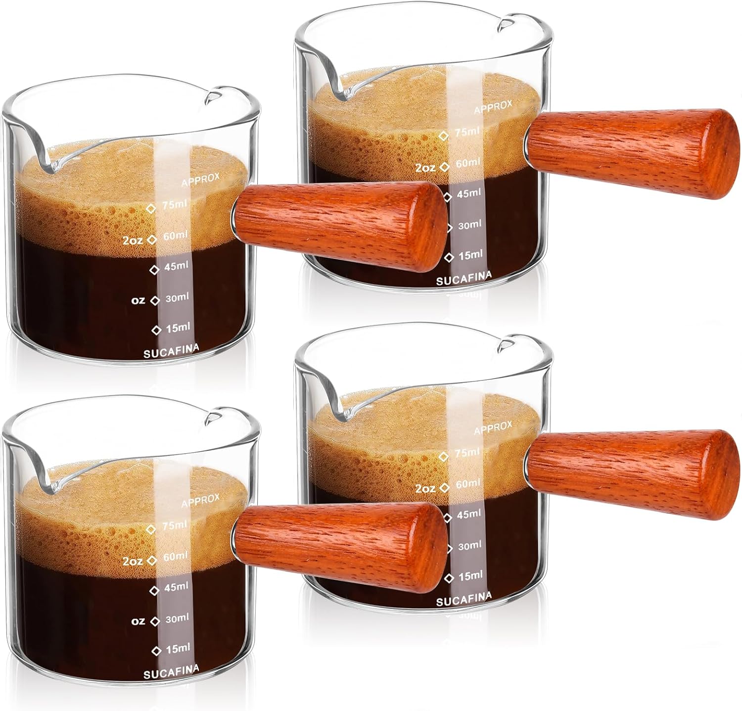 4 Pack Espresso Cups with Wood Handle, 75ml Double Spouts Measuring Triple Pitcher Milk Cup, Clear Espresso Shot Glasses Glass Milk Frothing Pitcher (3.5oz)