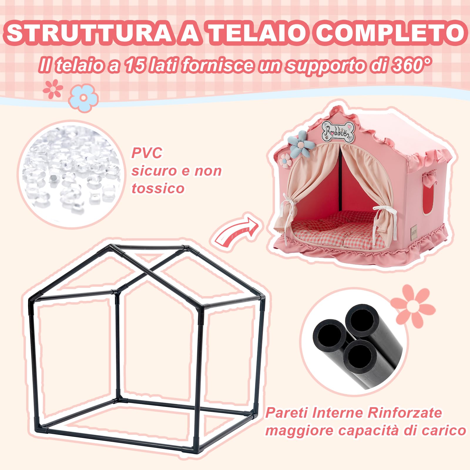 Jiupety Cuccia per cani con telaio, tenda per cani lavabile e pieghevole, casetta per cani per interni, lettino per cani ventilato con tetto per 4-9 kg, taglia M 43x43x43 cm, Rosa