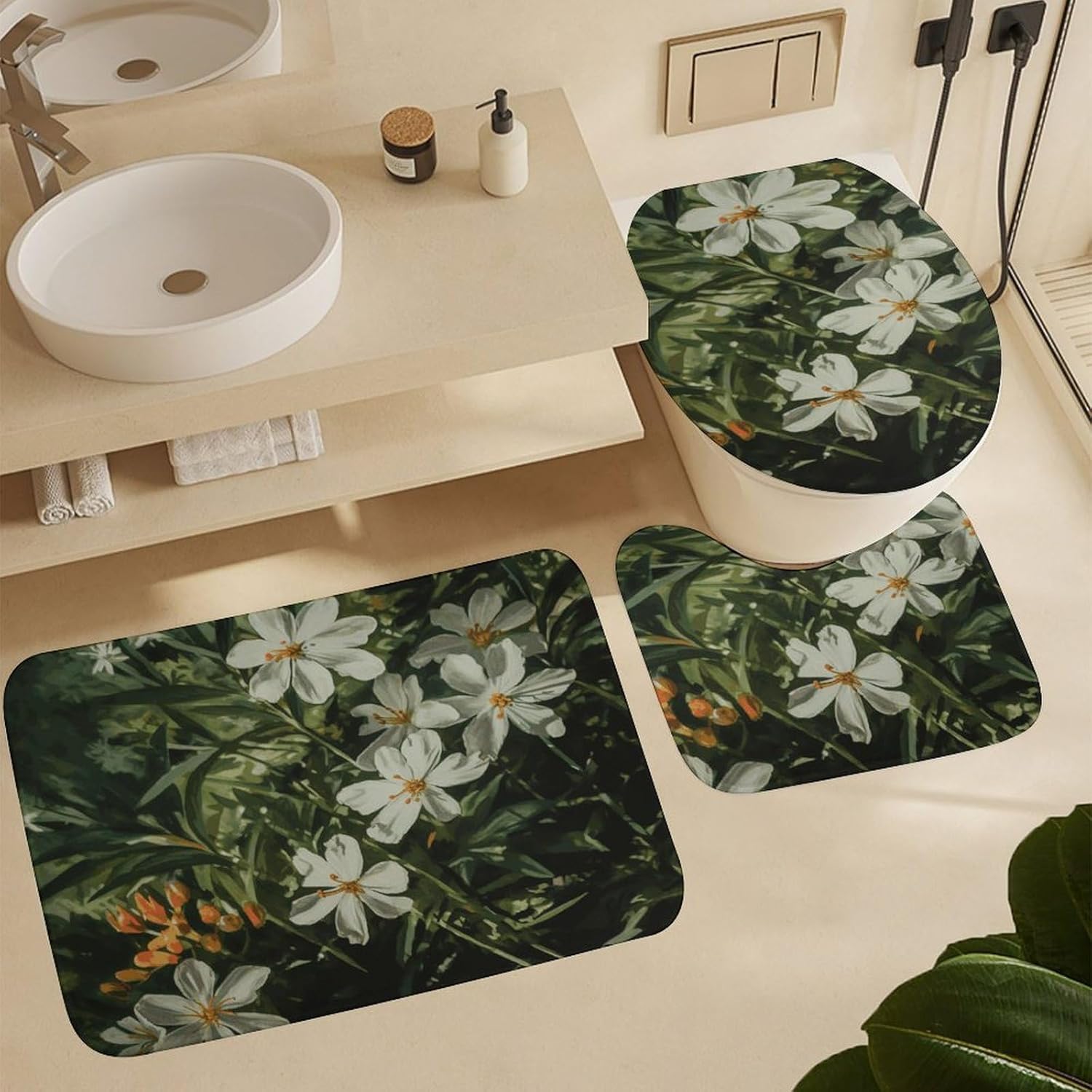 Flowers and Green Leaves 4Pcs Shower Curtain Set with Non-Slip Rugs, Toilet Lid Cover and Bath Mat,Bathroom Set Decor Accessories,Curtain Set with 12 Hooks, 72 X 72 Inch