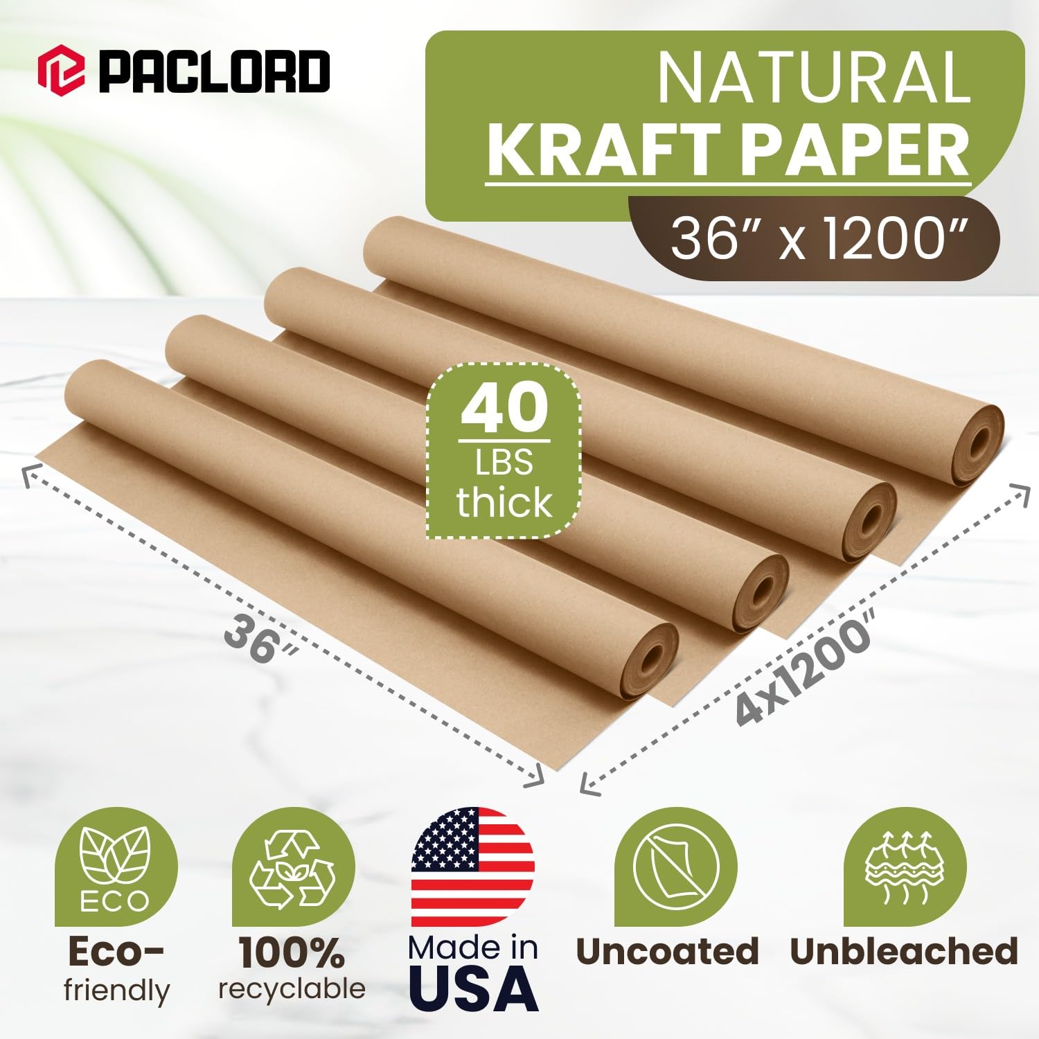 Naturalna rolka papieru typu kraft, 91,4 x 3048 cm, opakowanie ekonomiczne – 4 rolki, wyprodukowano w USA, w 100% nadaje się do recyklingu, brązowy papier do pakowania do wysyłki, opakowanie