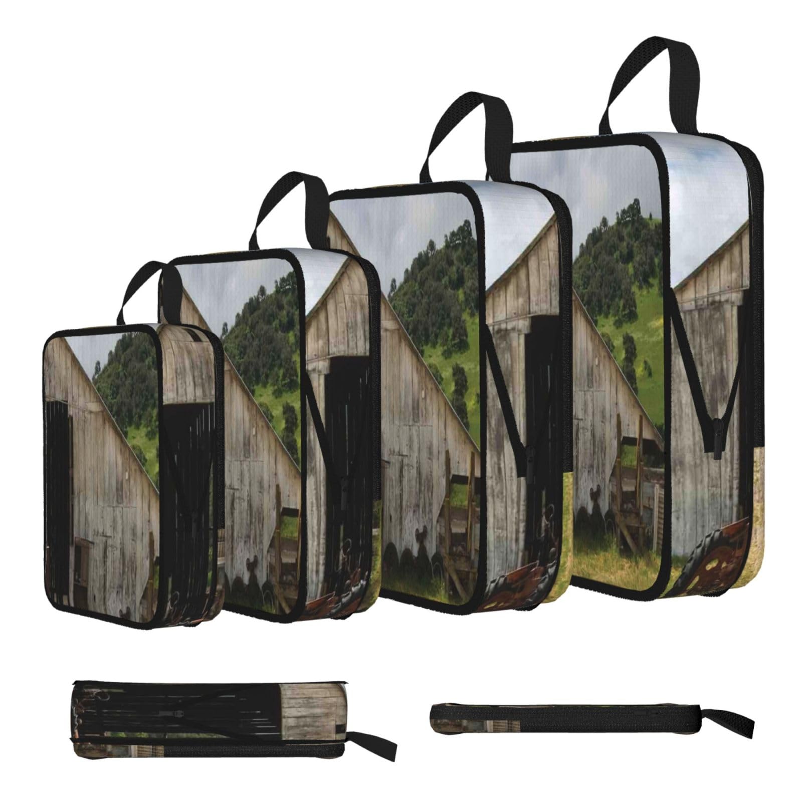 Old Wooden Barn With Rusted Tractor Print Compression Packing Cubes 4-Piece Set With Multi- Compartment Travel Bag, Waterproof Suitcase Organiser Bags