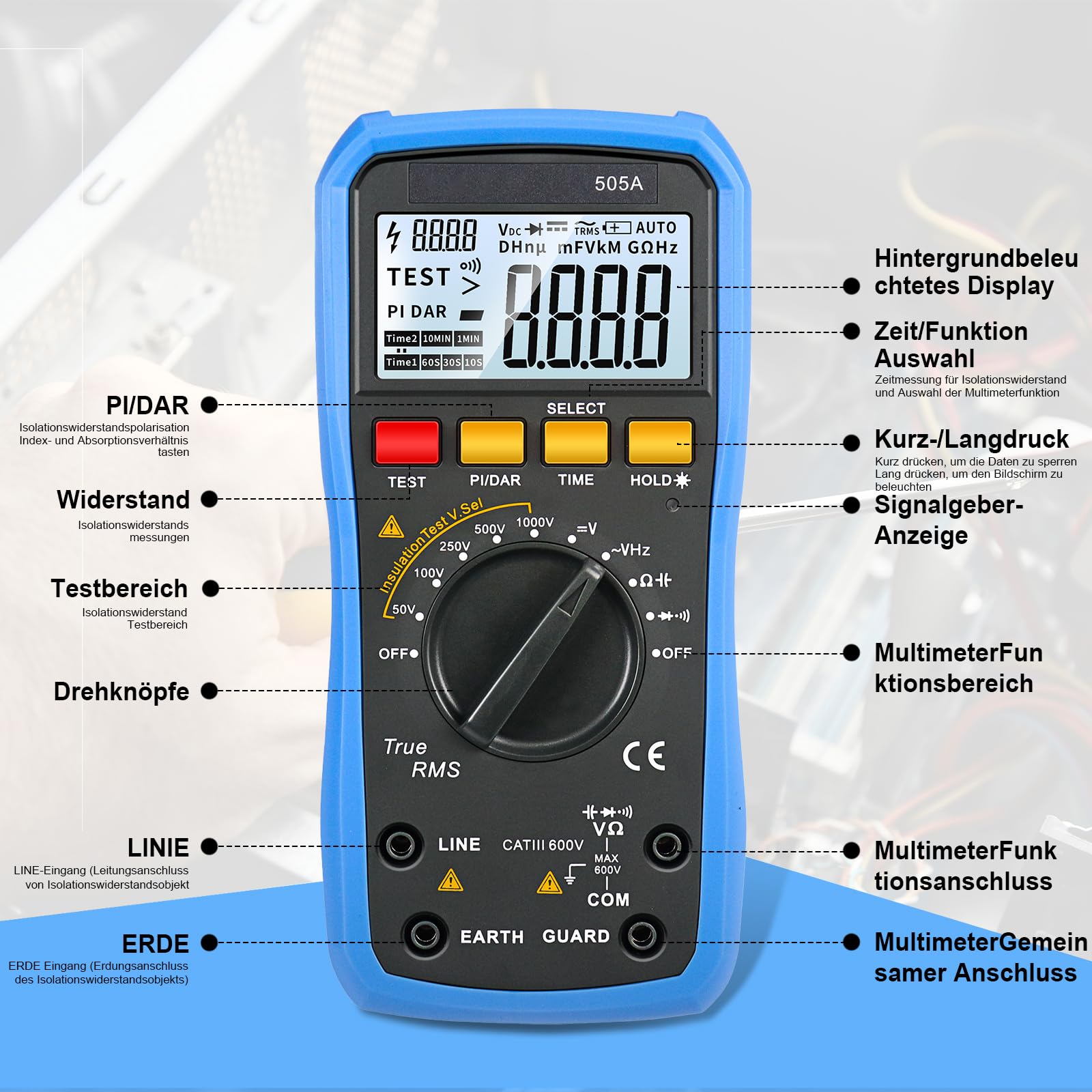 Isolationswiderstandsmessgerät + Digital multimeter-Kombigerät Megohmmeter-Spannungsbereich: 50 V–1000 V Widerstandsbereich: 0,05 MΩ–20 GΩ Digital multimeter misst Wechsel-/Gleichspannung, Widerstand