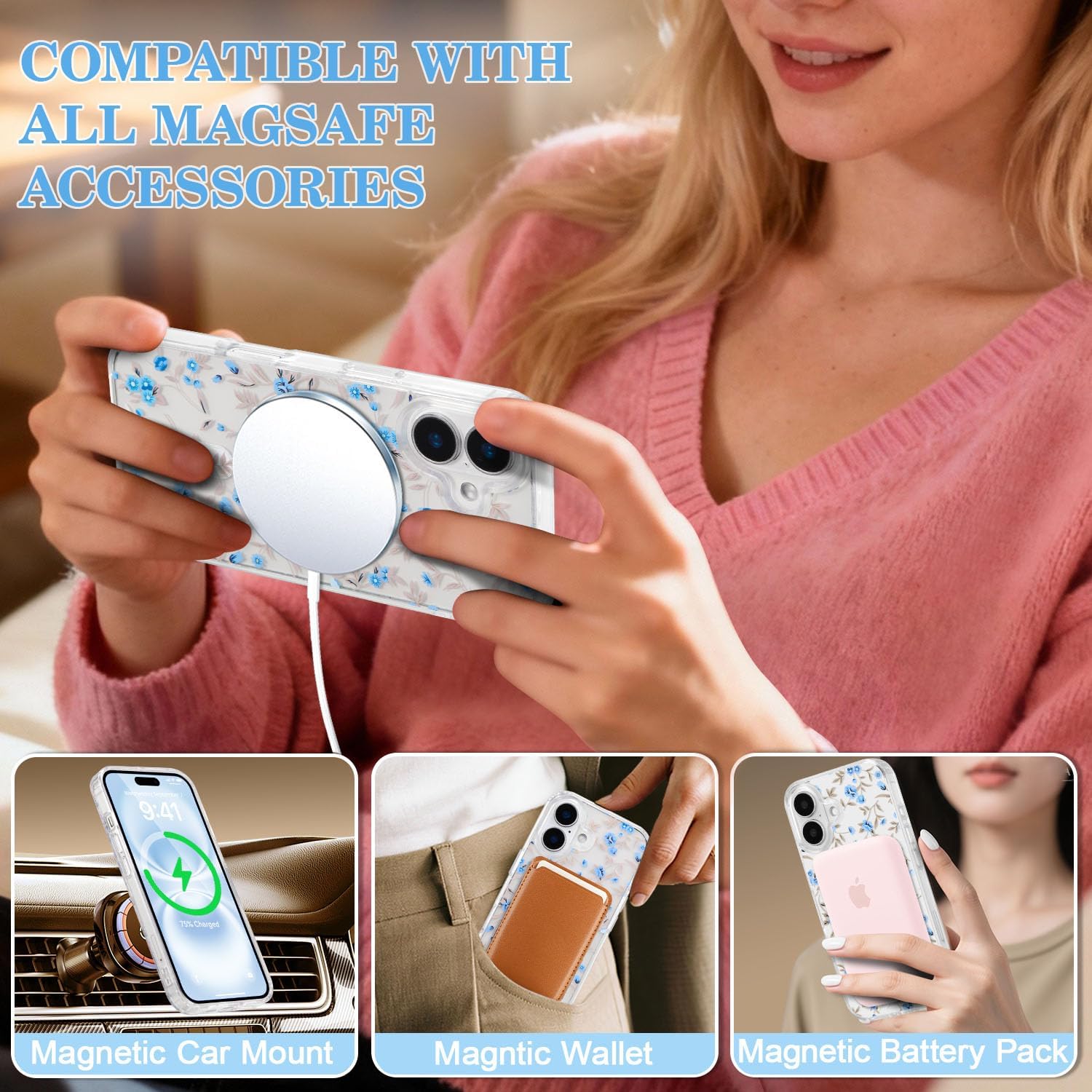 QLTYPRI Magnetic for iPhone 17 Case Compatible with Magsafe, Cute Floral Flower Aesthetic Phone Case Slim Clear Anti-Yellowing Shockproof Phone Cover for Girls Women - Blue - Image 6