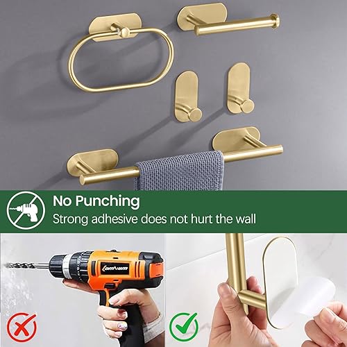 Miniatura 3 de Juego de 4 accesorios de baño autoadhesivos de oro cepillado, incluye toallero de 16 pulgadas, anillo de toalla, gancho para toallas de bata,