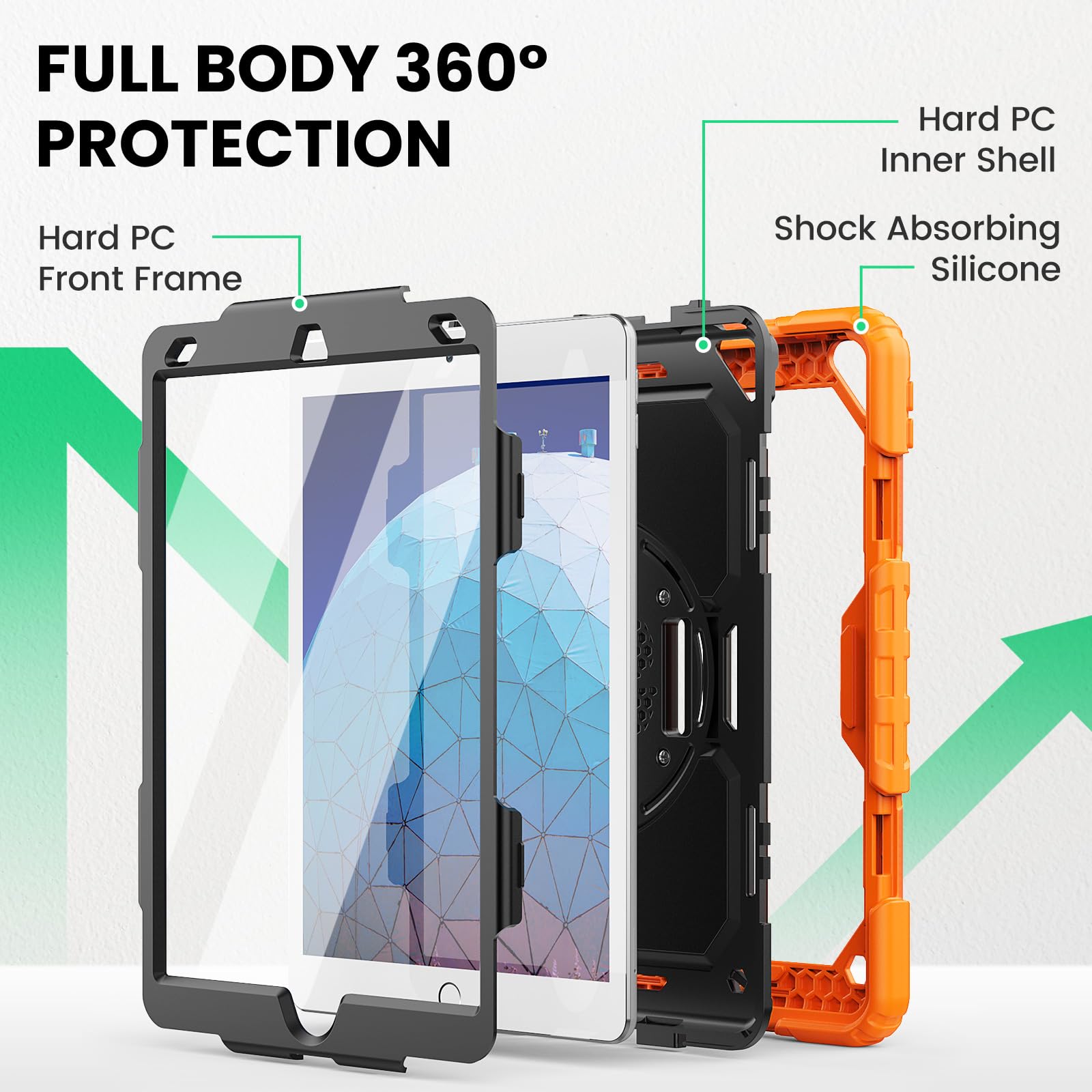 Seymac, custodia protettiva per iPad Air 3/Pro da 10,5 pollici, resistente, antiurto, con pellicola proteggi schermo, supporto girevole a 360°, cinghia da mano/tracolla per iPad Air di terza