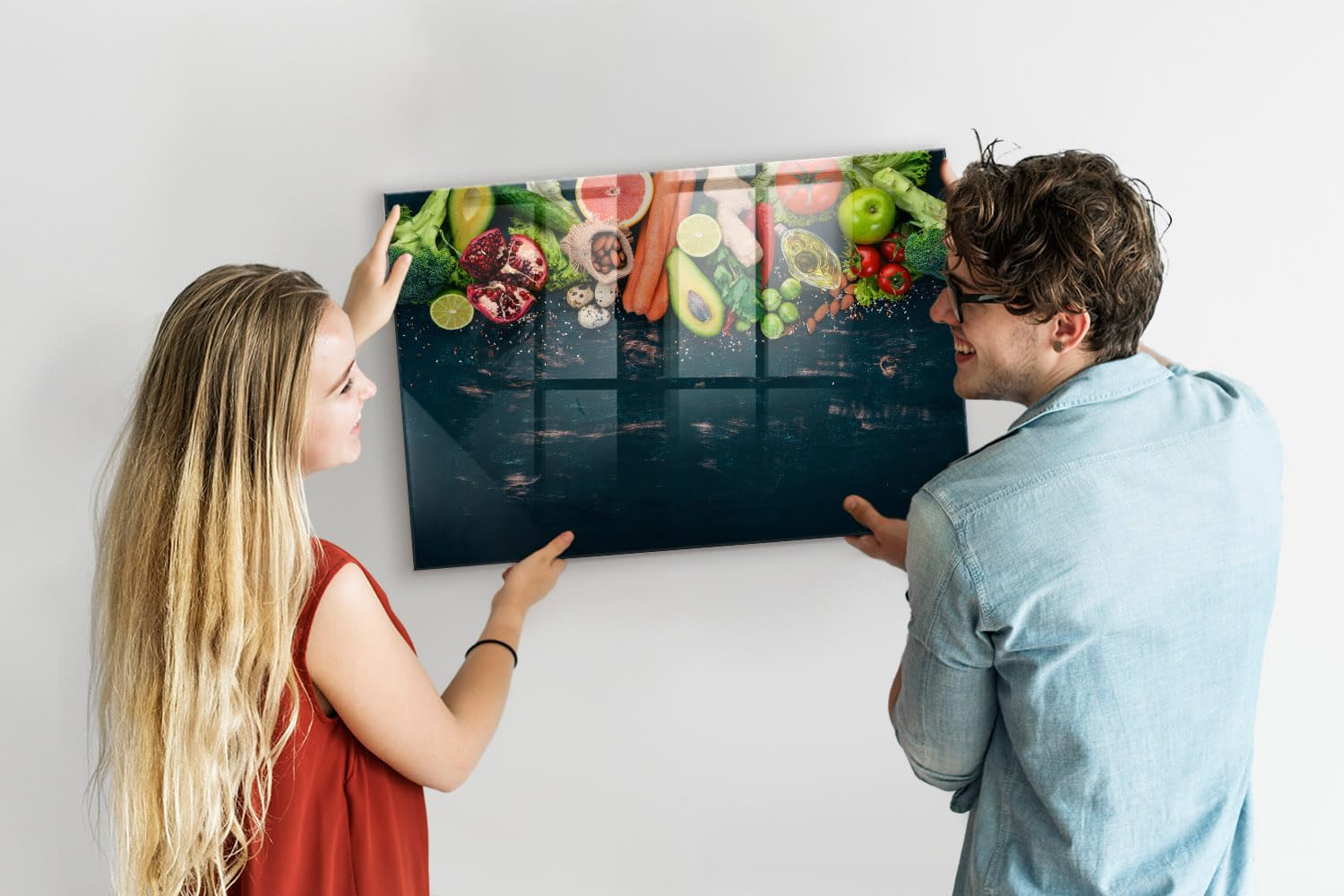 Magnetische Glas-Magnettafel mit Neodym-Magneten, Marker & Schwamm | Hochwertiges Sicherheitsglas | Kratzfest, abwischbar & modern | Ideal für Büro, Küche & Homeoffice- 90x60 - Gemüse auf dem Tisch