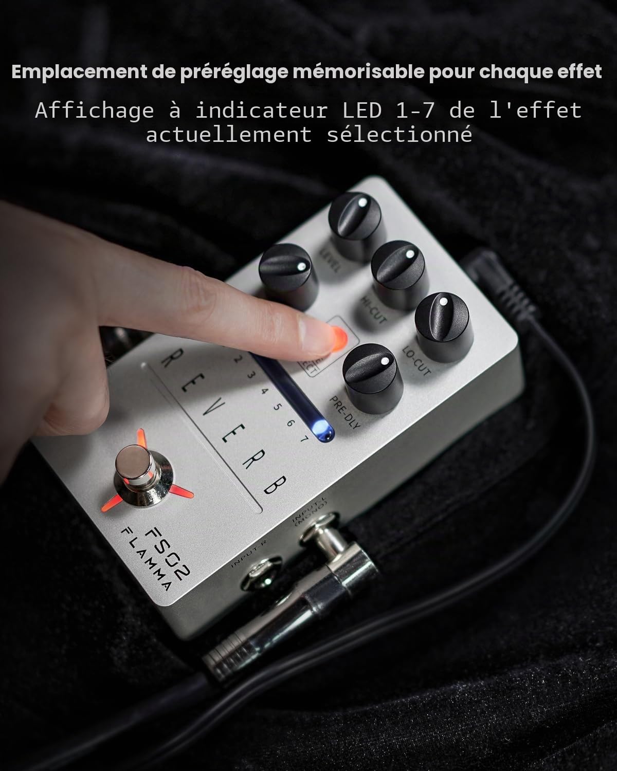 FLAMMA Pédale de réverbération FS02 pour guitare stéréo avec 7 emplacements prédéfinis stockables, 7 effets de réverbération pour chambre, couloir, église, grotte, ressort Mod True Bypass Trail On