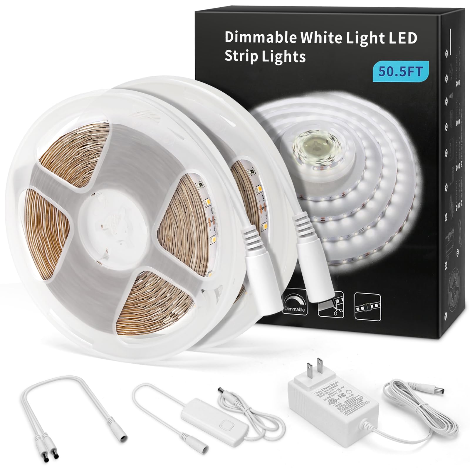 MYPLUS 50FT White LED Strip Lights, Dimmable LED Tape Light 6500K Bright Daylight White, Flexible Under Cabinet Lights with 900 LEDs and UL Listed Safety Power Supply for Room,Kitchen and décor