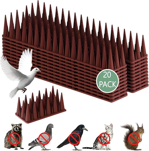 Apluskis Upgraded Bird Spikes, 20 Pack/6M Bird Squirrel Raccoon Pigeon Cat Fox Animal Deterrent Spikes Fence Spikes for Outside Anti Bird Defender Spikes Outdoor to Keep Birds Away (Brown)