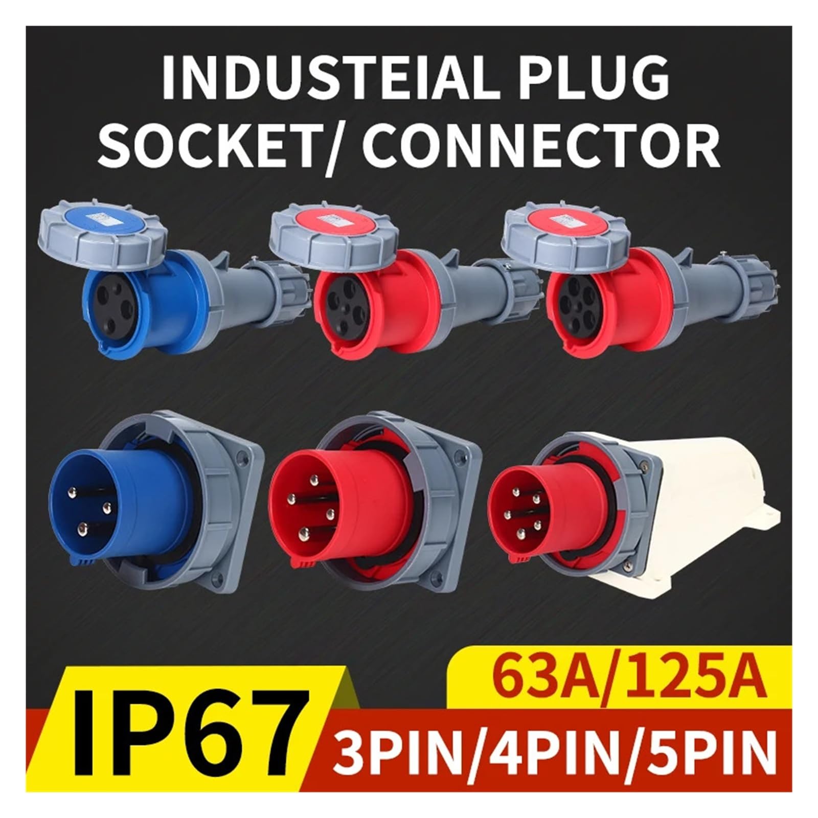 Industriestecker und -buchse 3P/4P/5Pin Elektrischer Anschluss 63A 125A IP67 wasserdichte Wandsteckdose Männlich Weiblich 220V 380V(Mounted,125A-4P)