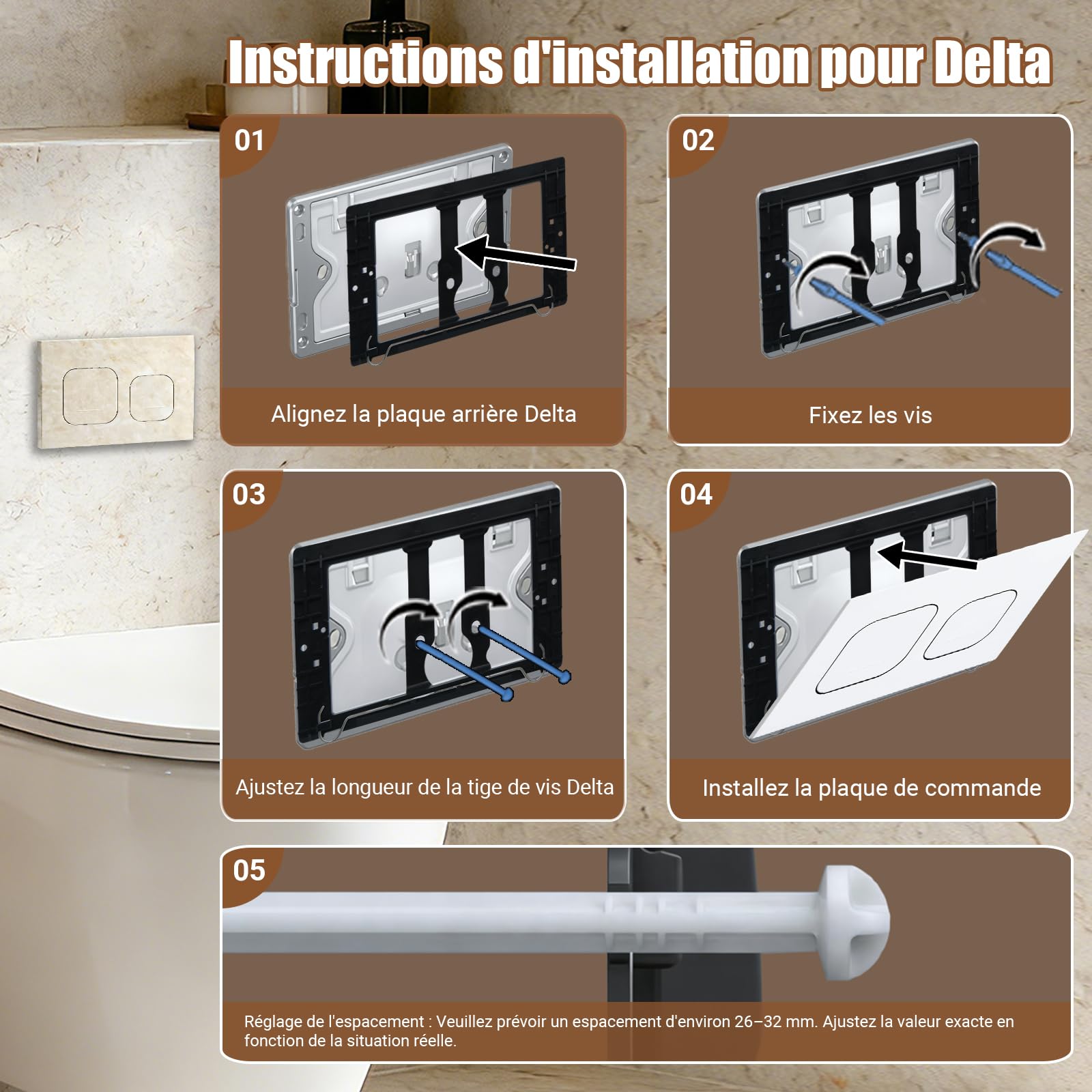 Plaque de Commande WC Compatible avec Geberit Duofix Sigma, Delta et Basic, Kit de Rechange avec Tiges de Poussée et Cadre de Montage pour UP300 & UP320, 245 x 164 mm(Beige-Y4-B)
