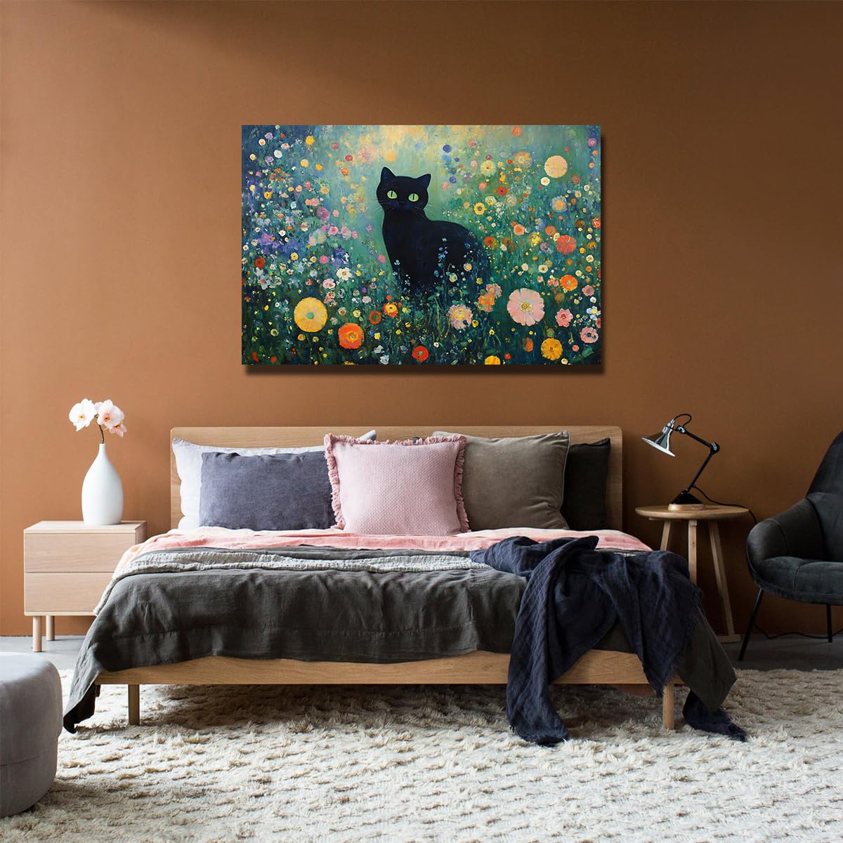 Via Vela Gustav Klimt Impressionist Leinwand Wandkunst Schwarze Katze Blumengarten Wandbild Wildblumenwiese Kunstdruck Bild für Badezimmer Wohnzimmer Apartment Dekor 40x60cm