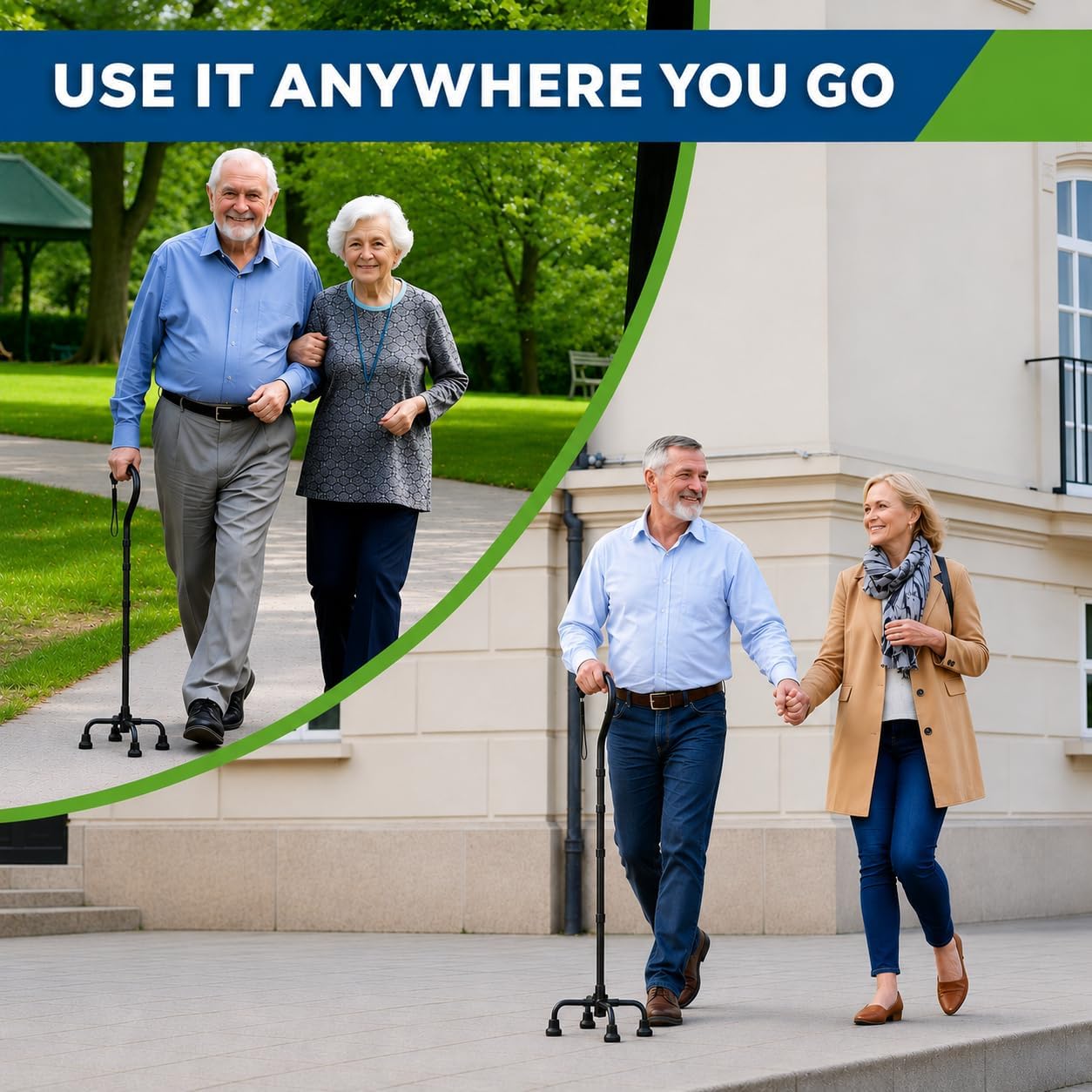 HONEYBULL Walking Quad Cane for Men & Women - Adjustable, Lightweight Quad Cane with Large 4 Pronged Base for Extra Balance & Stability; Walking Canes for Seniors, Walking Sticks (Black)