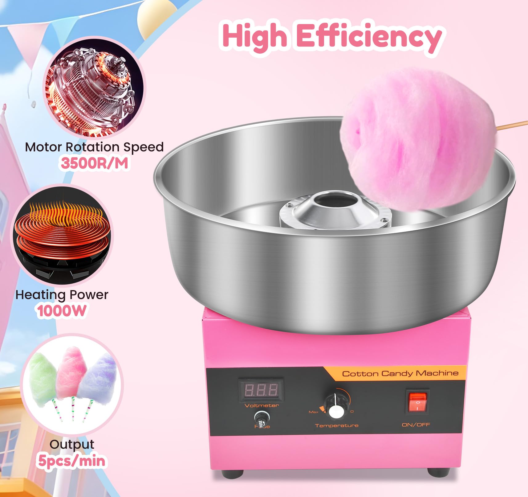 Cotton Candy Machine Commercial, 1000W Professional Cotton Candy Machine, Cotton Candy Maker with Stainless Steel Bowl, Bowl Cover and Sugar Scoop for Kids Birthday, Family Party, Festival (Pink)