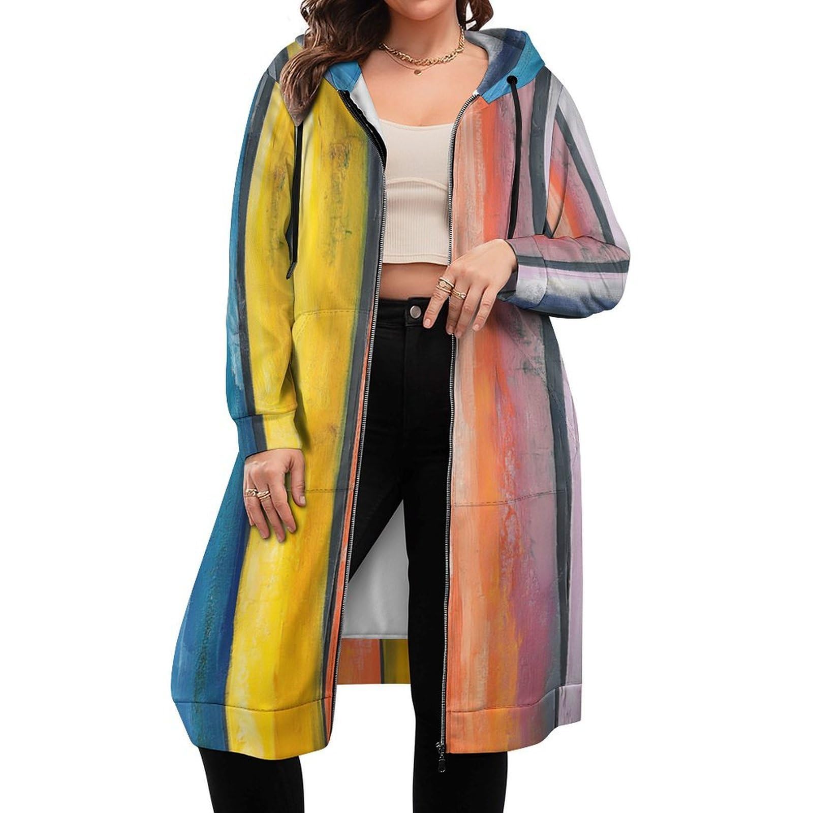 Felpa Donna con Zip Felpe Sportiva con Tasche E Cappuccio Strisce Verticali Colorate Morbida Invernale Giacca Regolabile Confortevole per Uso Quotidiano Casual