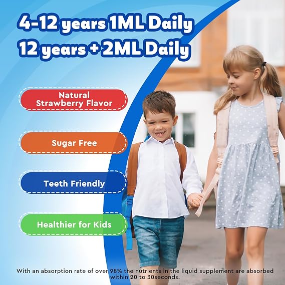 Kids Focus and Attention Supplements with Phosphatidylserine, Omega-3, Magnesium Glycinate & L-Theanine, Brain Vitamins Liquid Drops for Kids Memory, Cognitive, Sleep, Calm & Mood, Strawberry, 4 Fl Oz