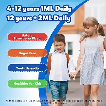 Kids Focus and Attention Supplements with Phosphatidylserine, Omega-3, Magnesium Glycinate & L-Theanine, Brain Vitamins Liquid Drops for Kids Memory, Cognitive, Sleep, Calm & Mood, Strawberry, 4 Fl Oz